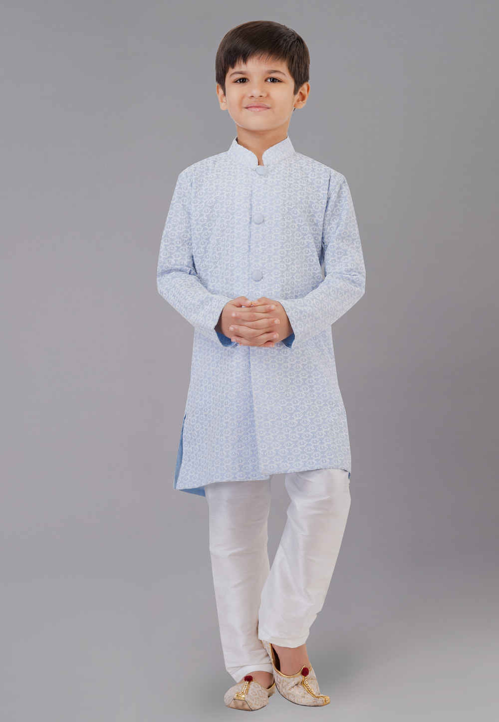 Sky Blue Cotton Silk Readymade Kids Kurta Pajama 260640
