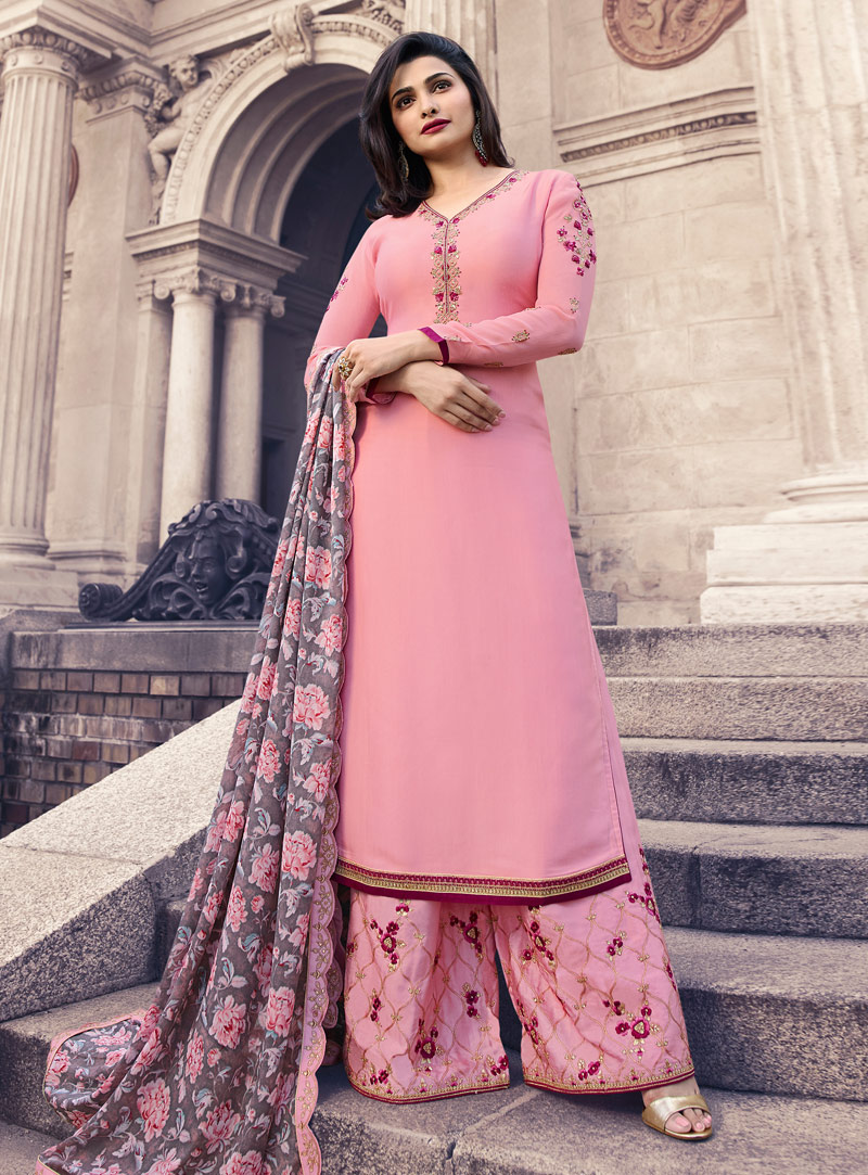 Prachi Desai Pink Silk Palazzo Style Suit 147557