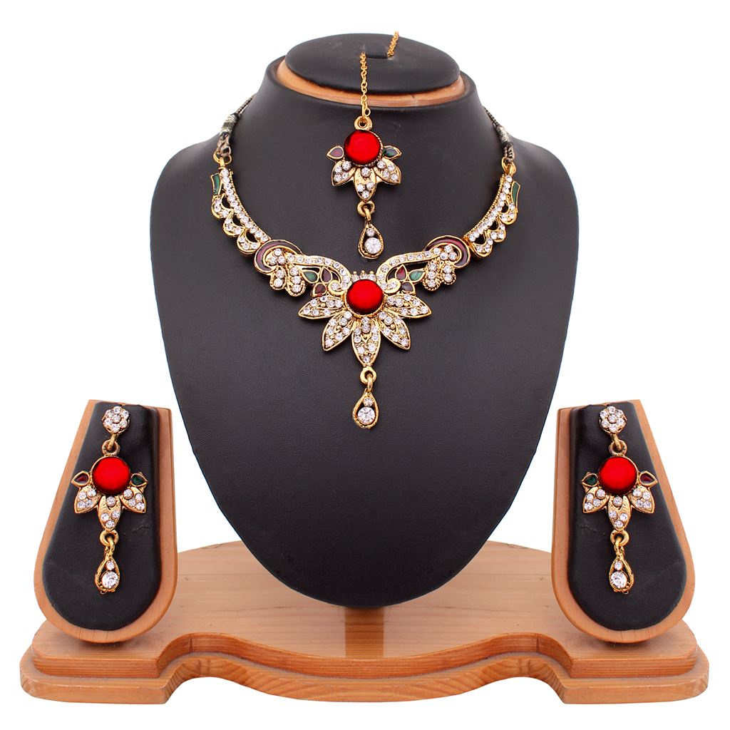Maroon Alloy Austrian Diamonds Necklace With Earrings and Maang Tikka 44000