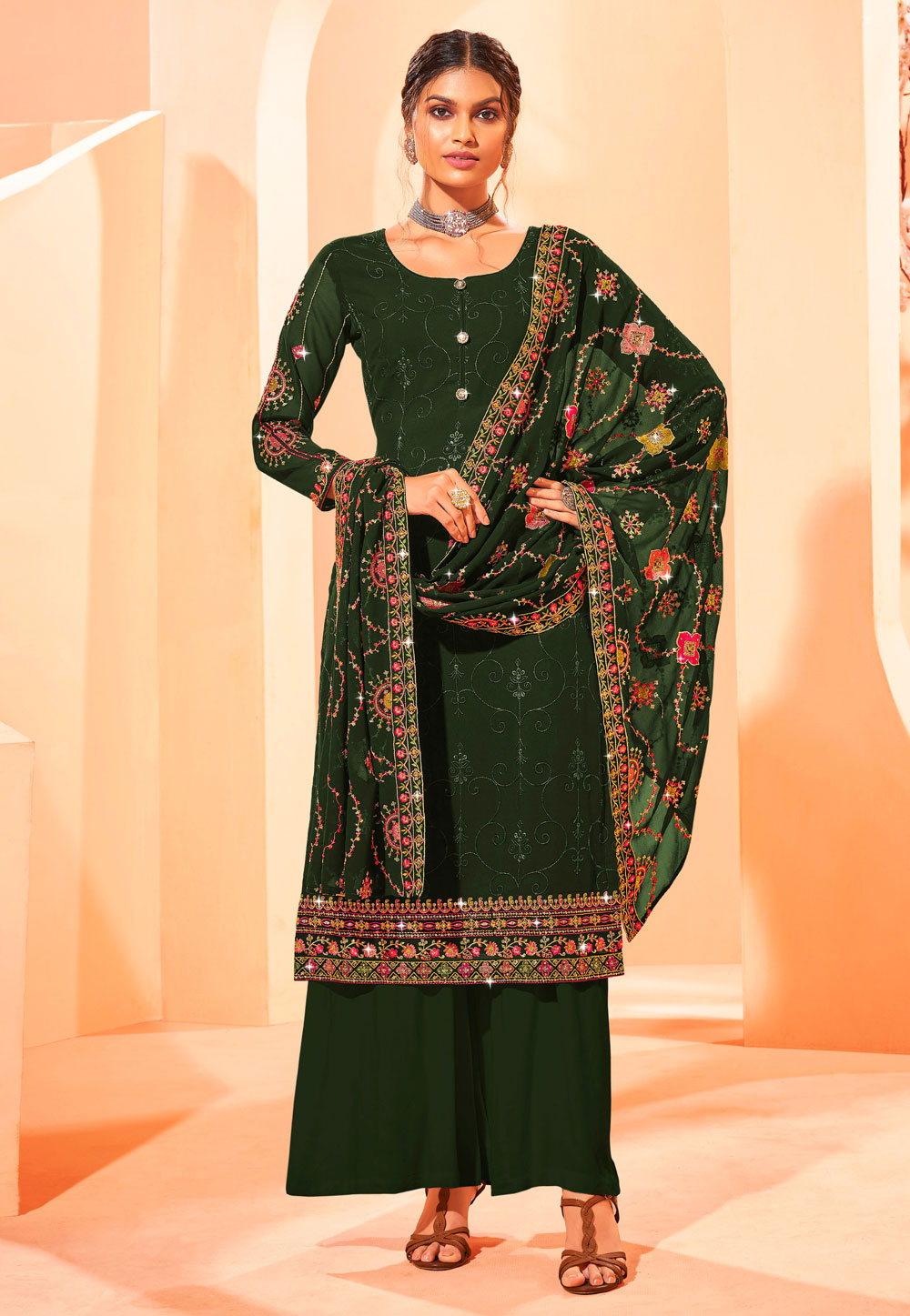 Green Georgette Palazzo Suit 243456
