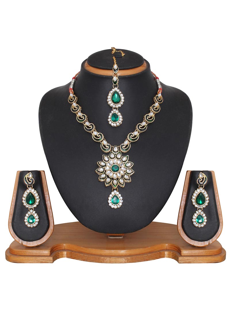 Green Alloy Austrian Diamonds Necklace With Earrings and Maang Tikka 68941