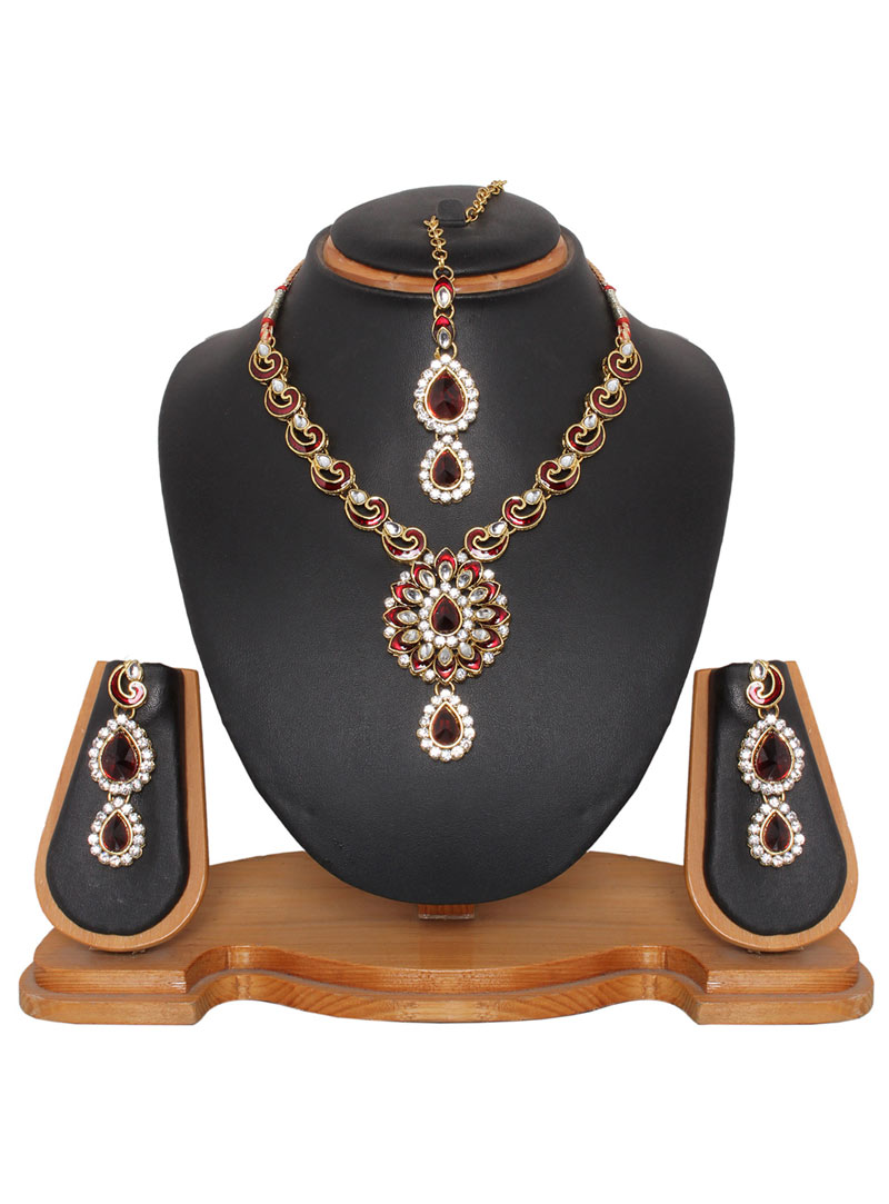 Maroon Alloy Austrian Diamonds Necklace With Earrings and Maang Tikka 68944