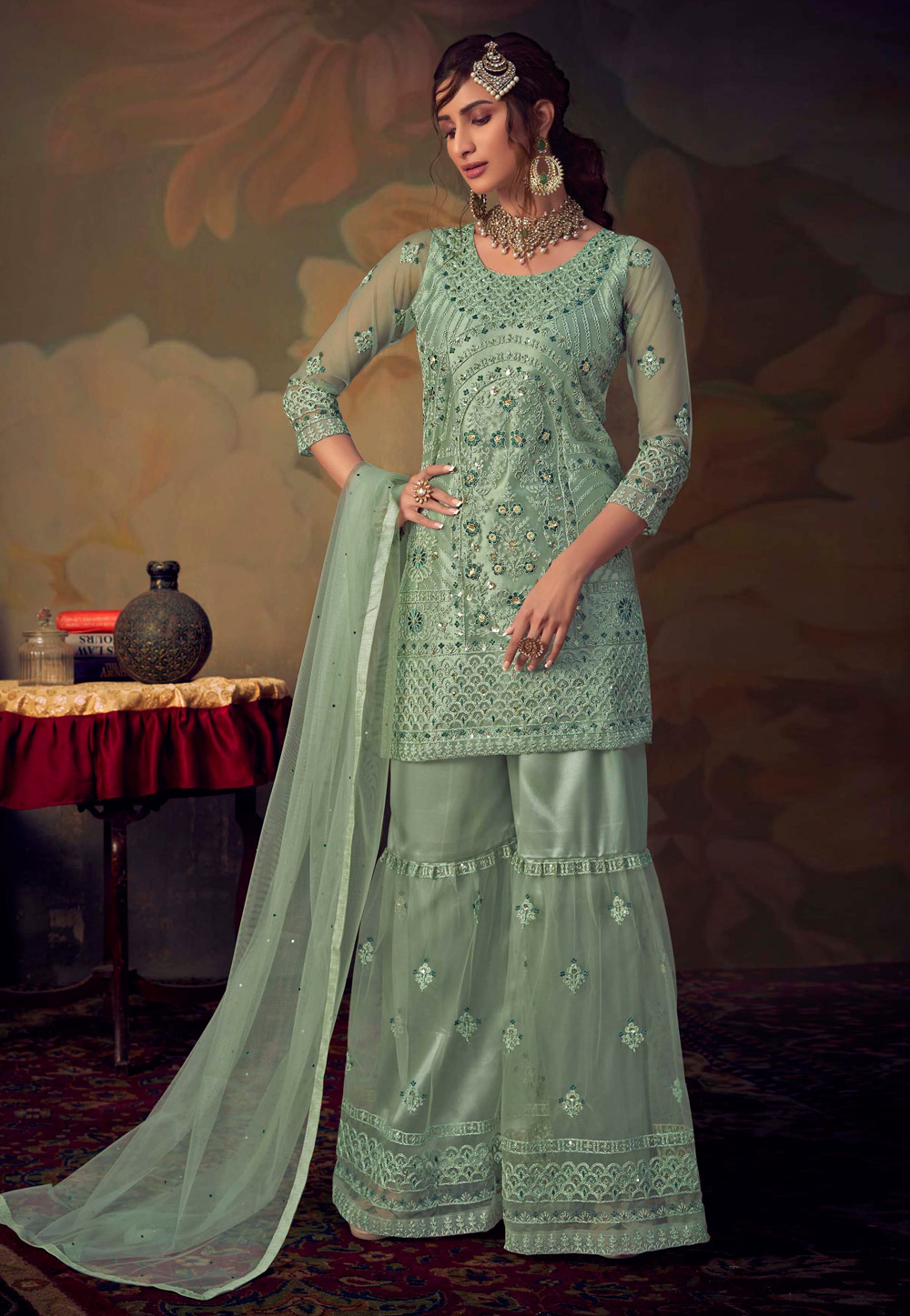 Light Green Net Embroidered Sharara Suit 212206