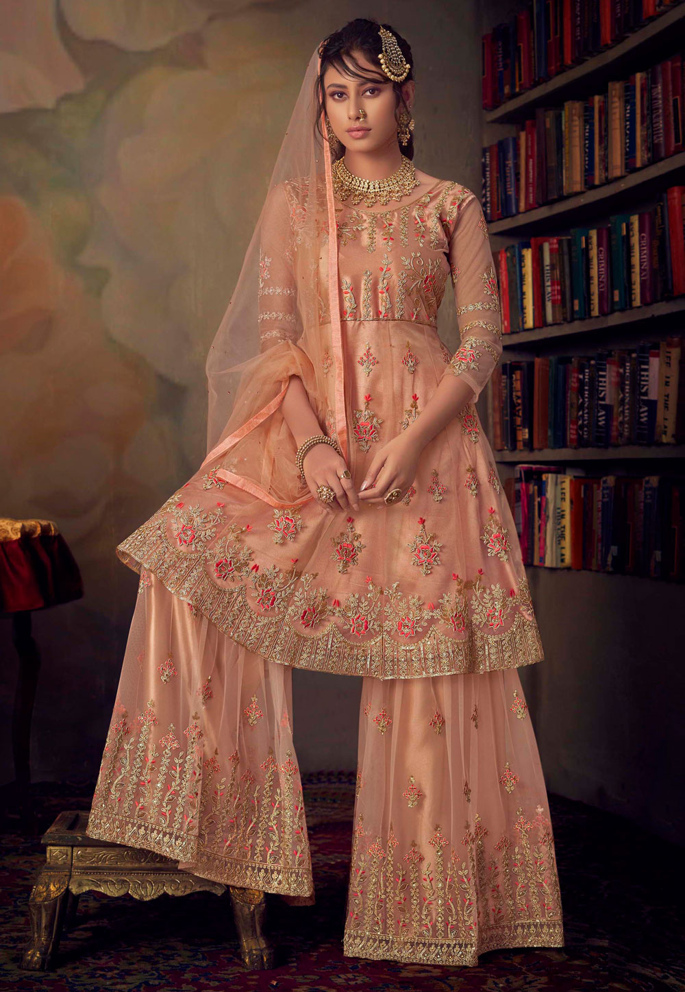 Peach Net Embroidered Sharara Suit 212207