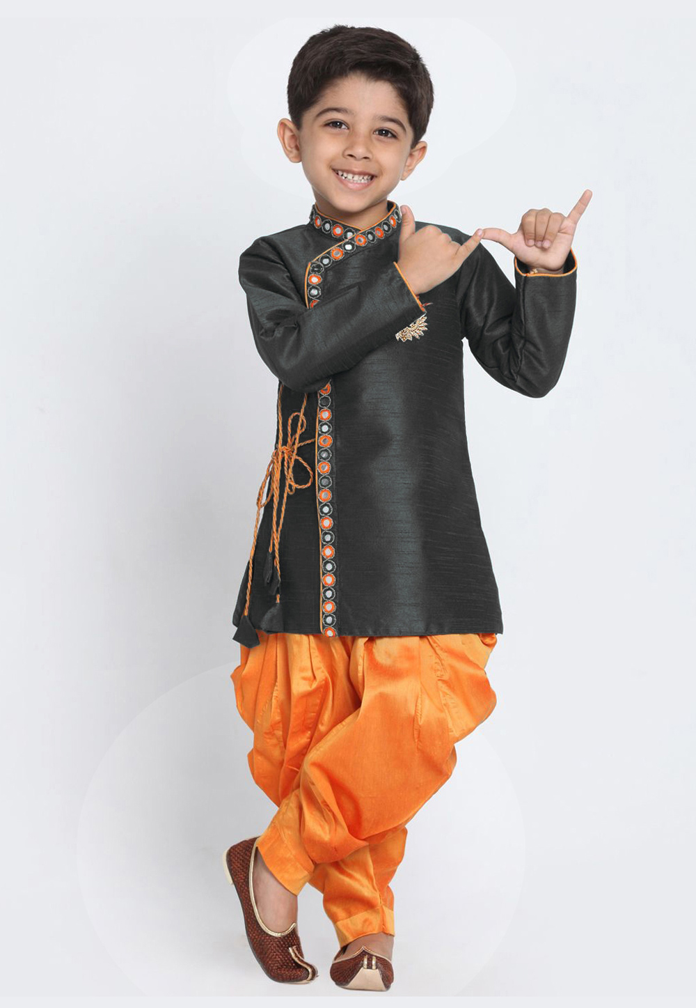 Black Dupion Silk Kids Indo Western Suit 216241