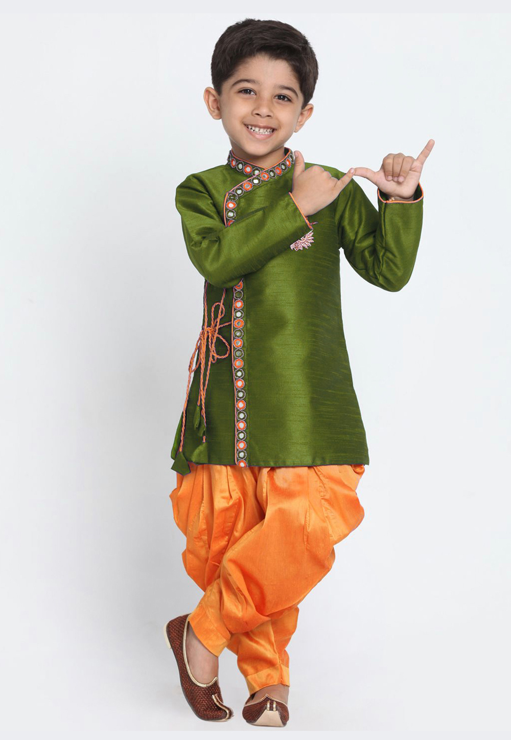 Green Dupion Silk Kids Indo Western Suit 216242