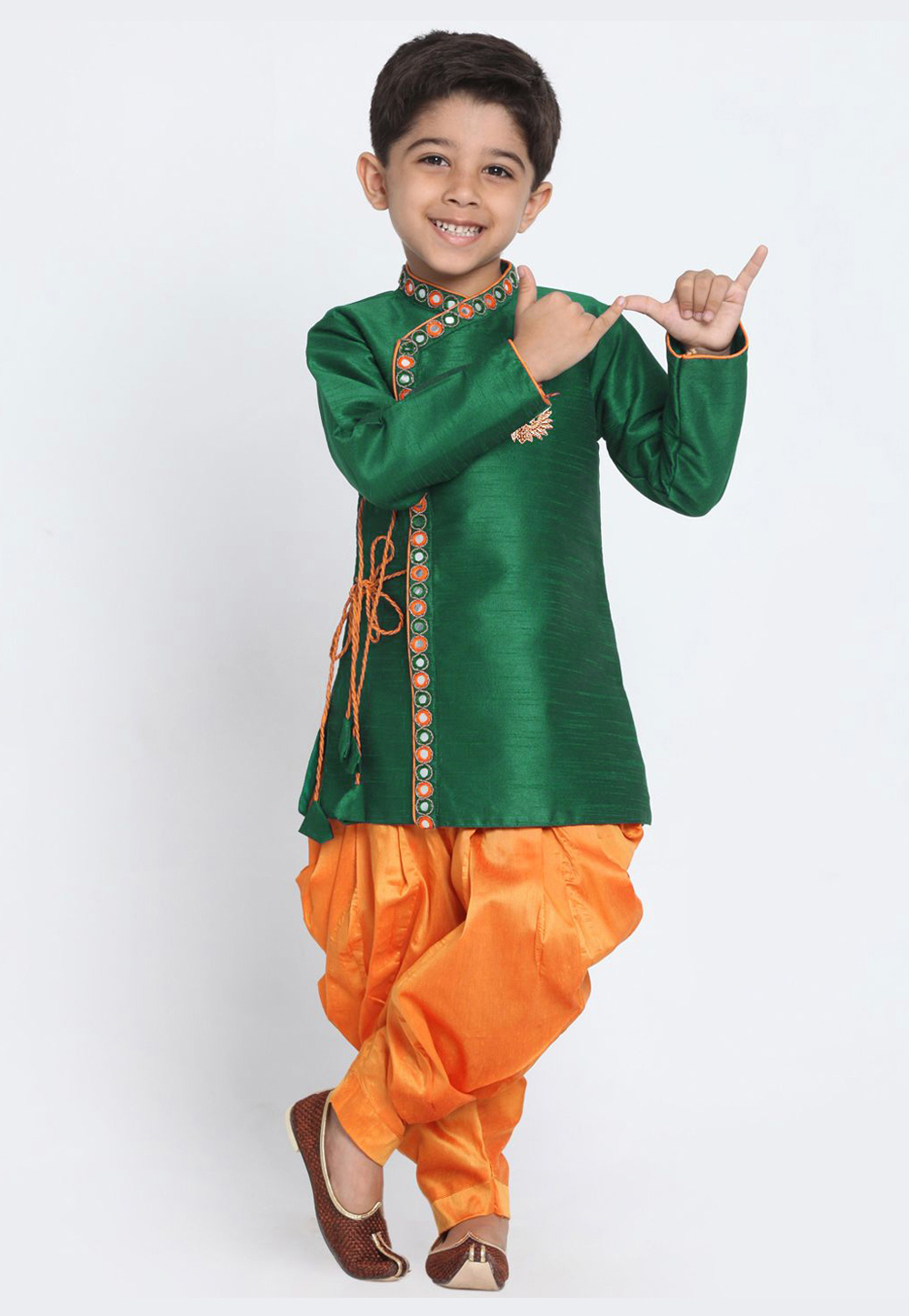 Green Dupion Silk Kids Indo Western Suit 216245