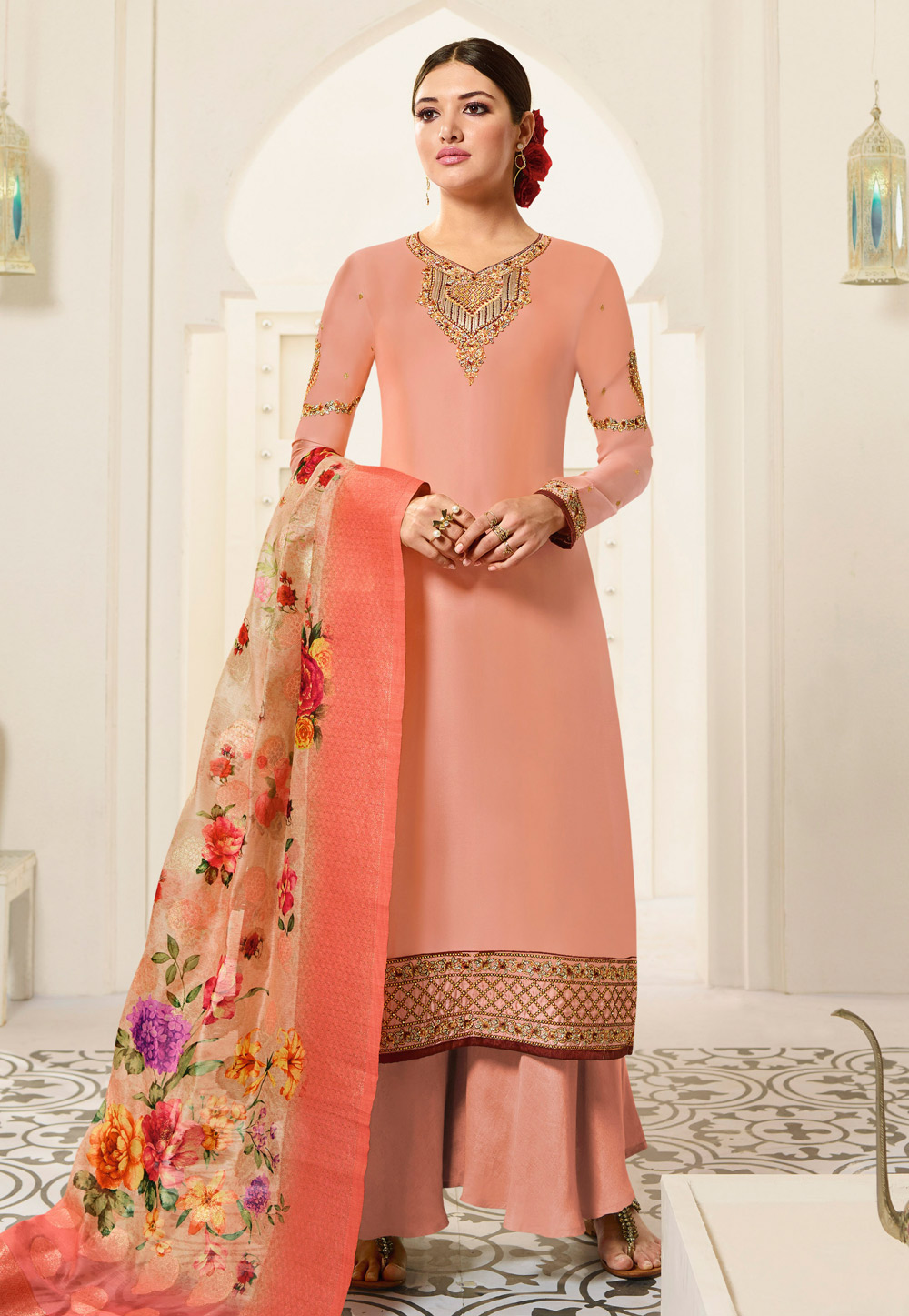 Peach Georgette Palazzo Style Suit 190553