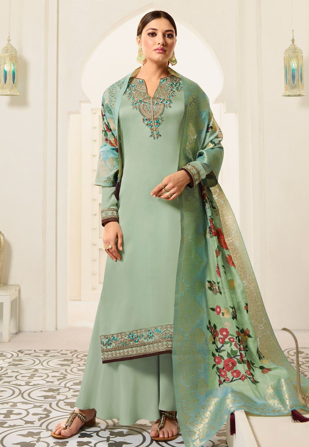 Sea Green Georgette Kameez With Palazzo 190554