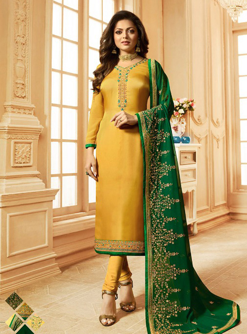 Drashti Dhami Yellow Satin Churidar Suit 148920