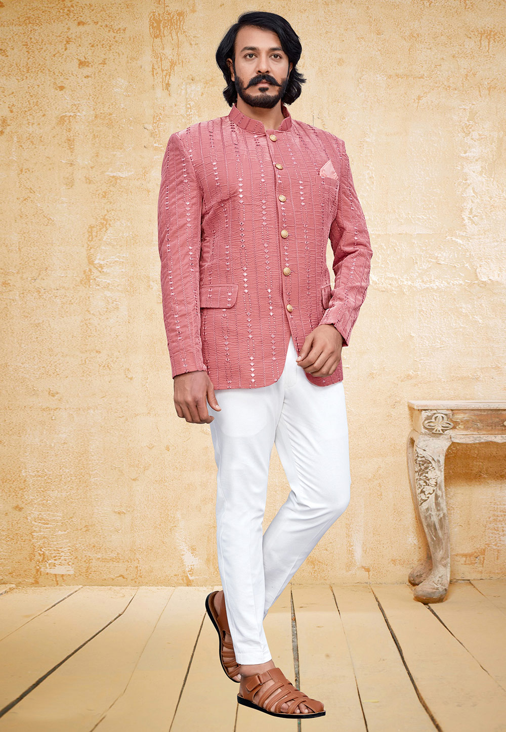 Pink Velvet Jodhpuri Suit 249537