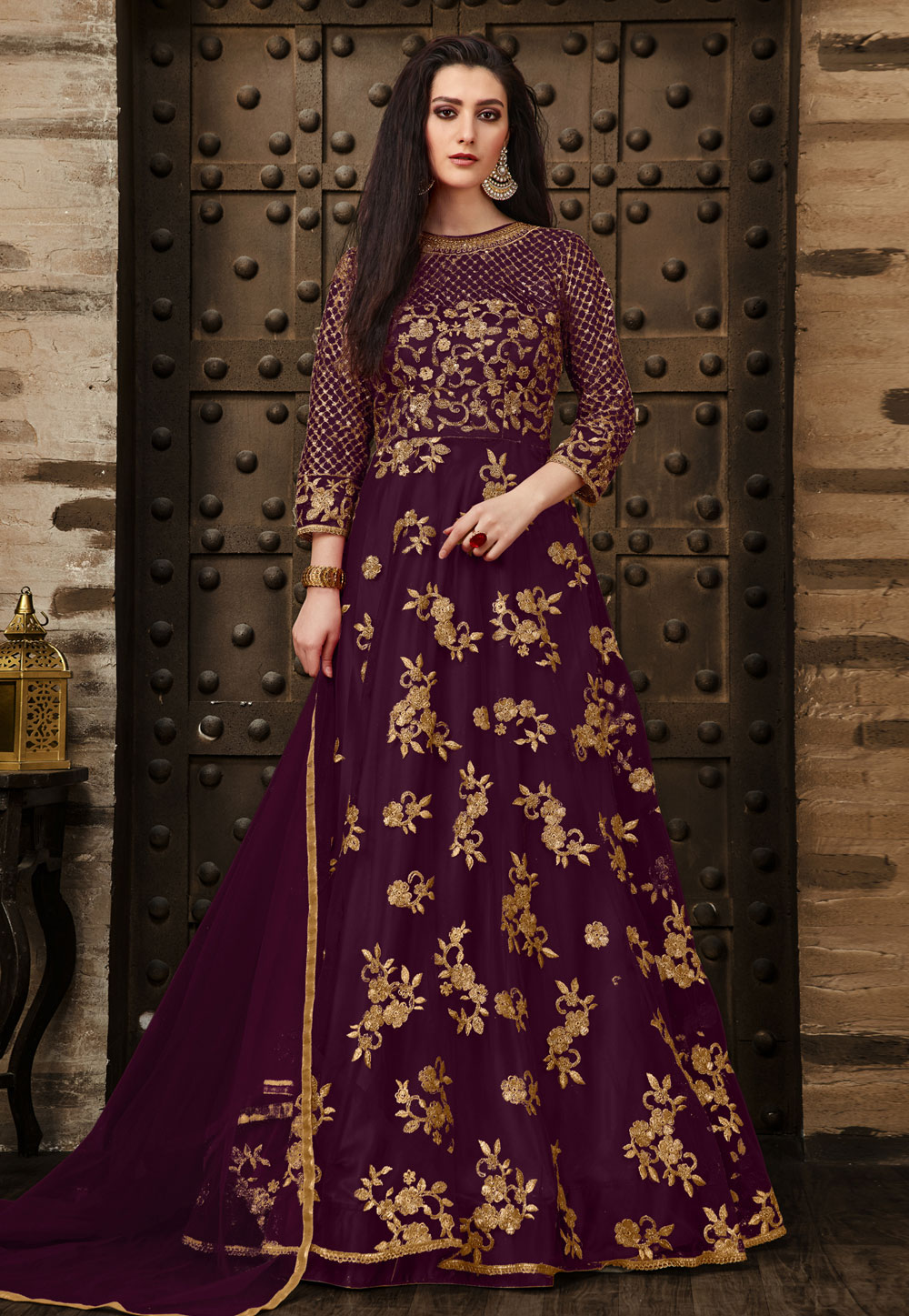 Purple Net Embroidered Abaya Style Anarkali Suit 168119