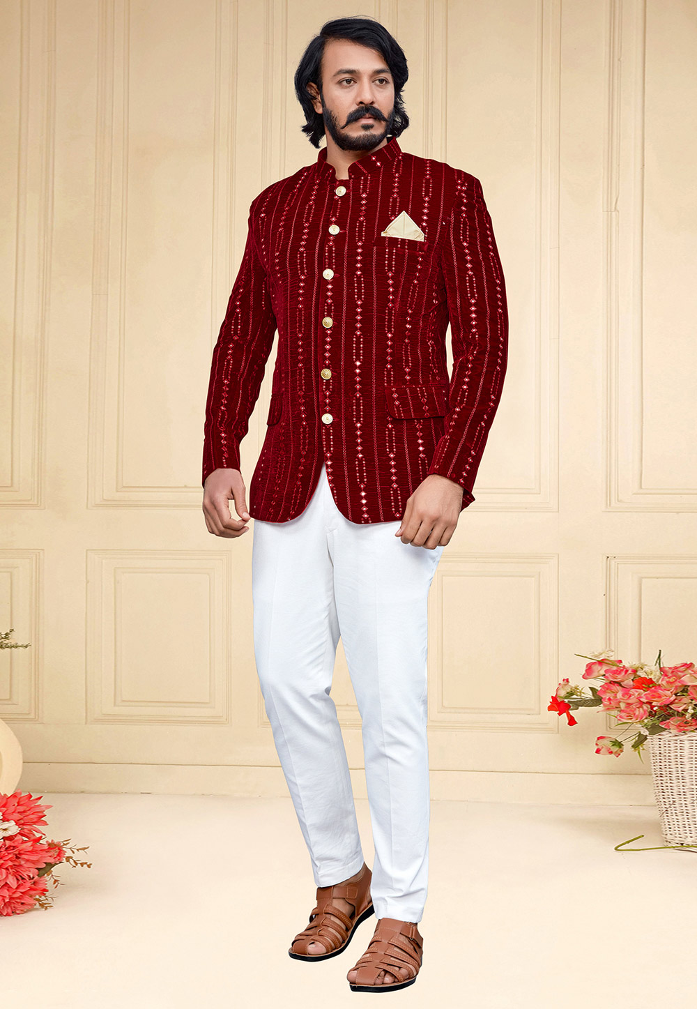 Maroon Velvet Jodhpuri Suit 249540