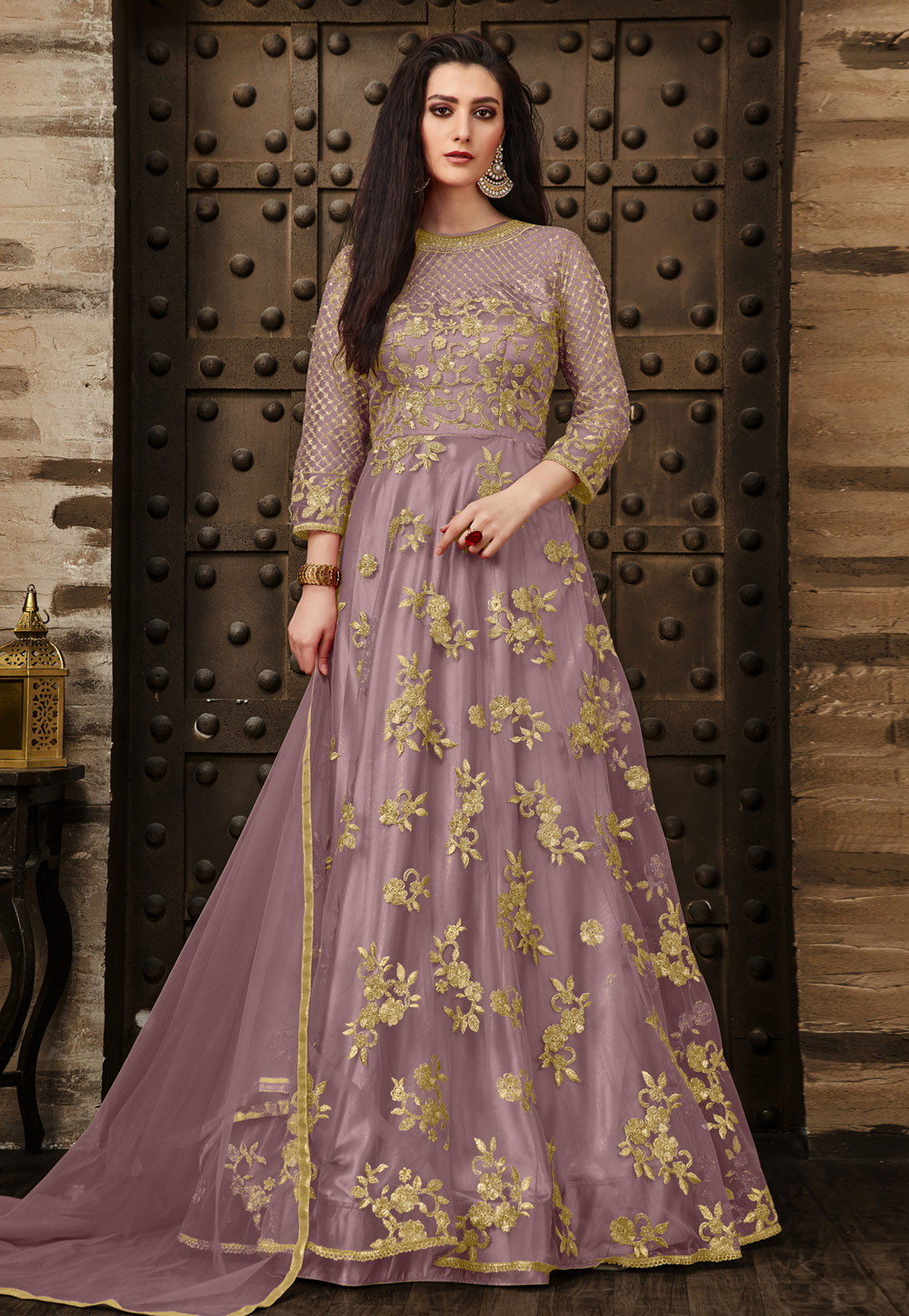 Light Purple Net Embroidered Abaya Style Anarkali Suit 180993