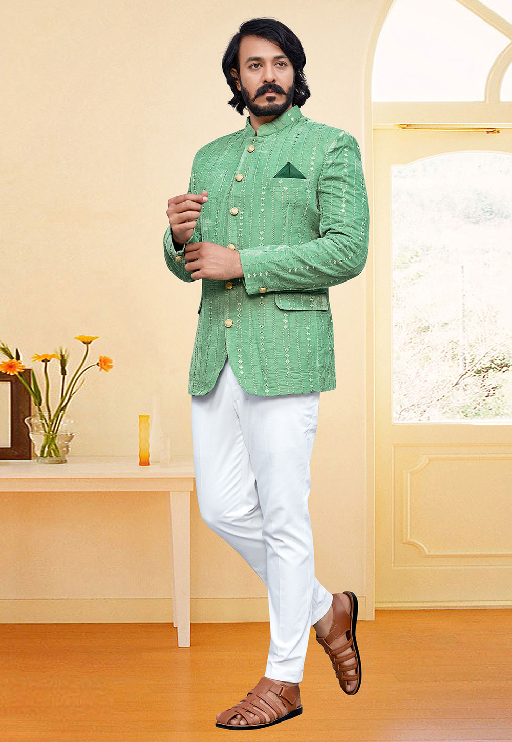 Pista Green Velvet Jodhpuri Suit 249542