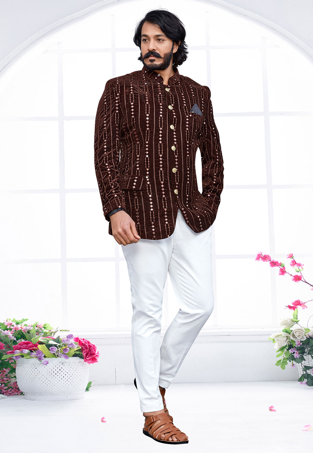 Brown Velvet Jodhpuri Suit 249543