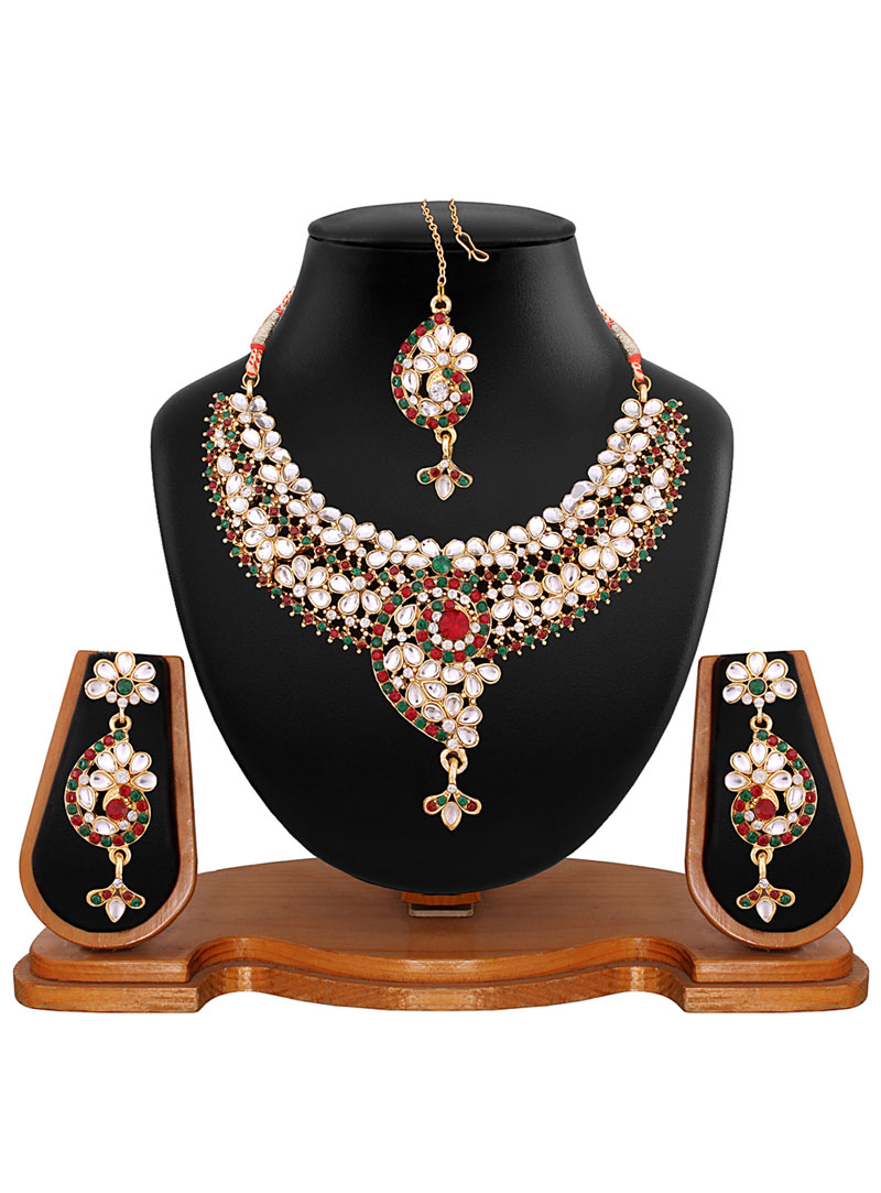Maroon Alloy Austrian Diamonds Necklace With Earrings and Maang Tikka 56928