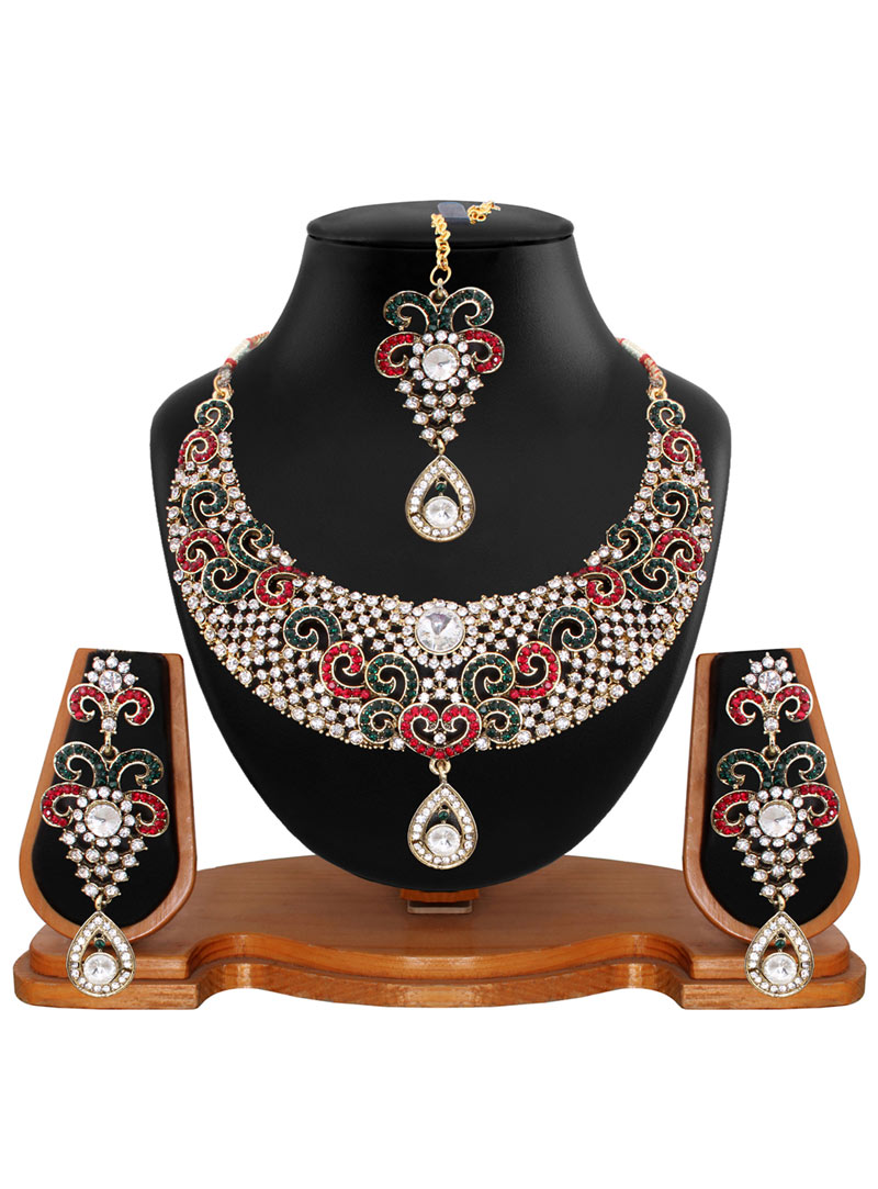Maroon Alloy Austrian Diamonds Necklace With Earrings and Maang Tikka 56929
