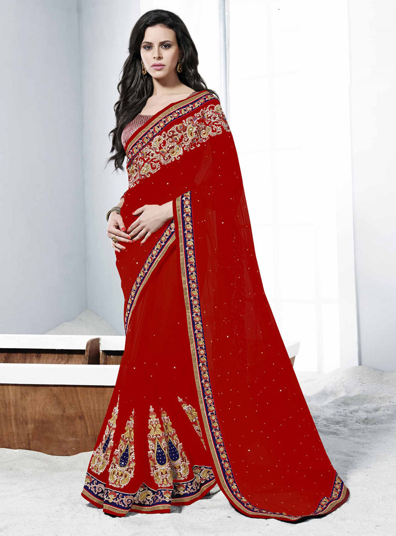 Red Net Party Wear Saree 48515