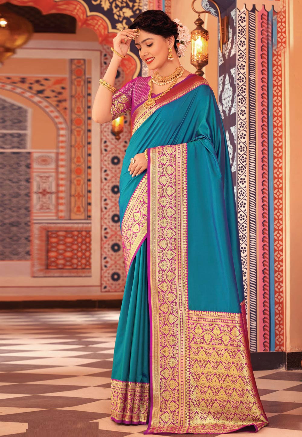 Turquoise Silk Saree With Blouse 271654