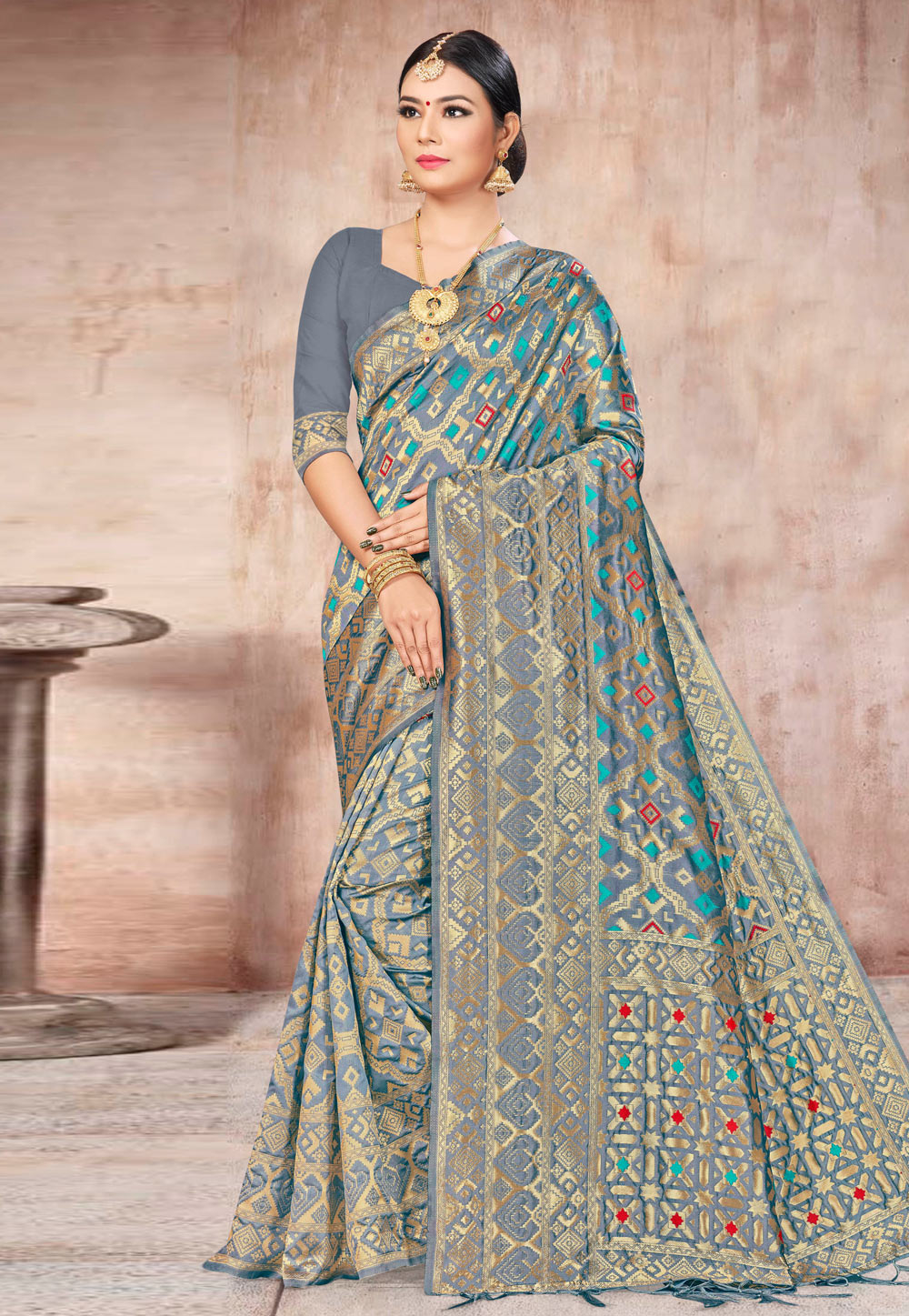 Grey Banarasi Silk Saree With Blouse 220129