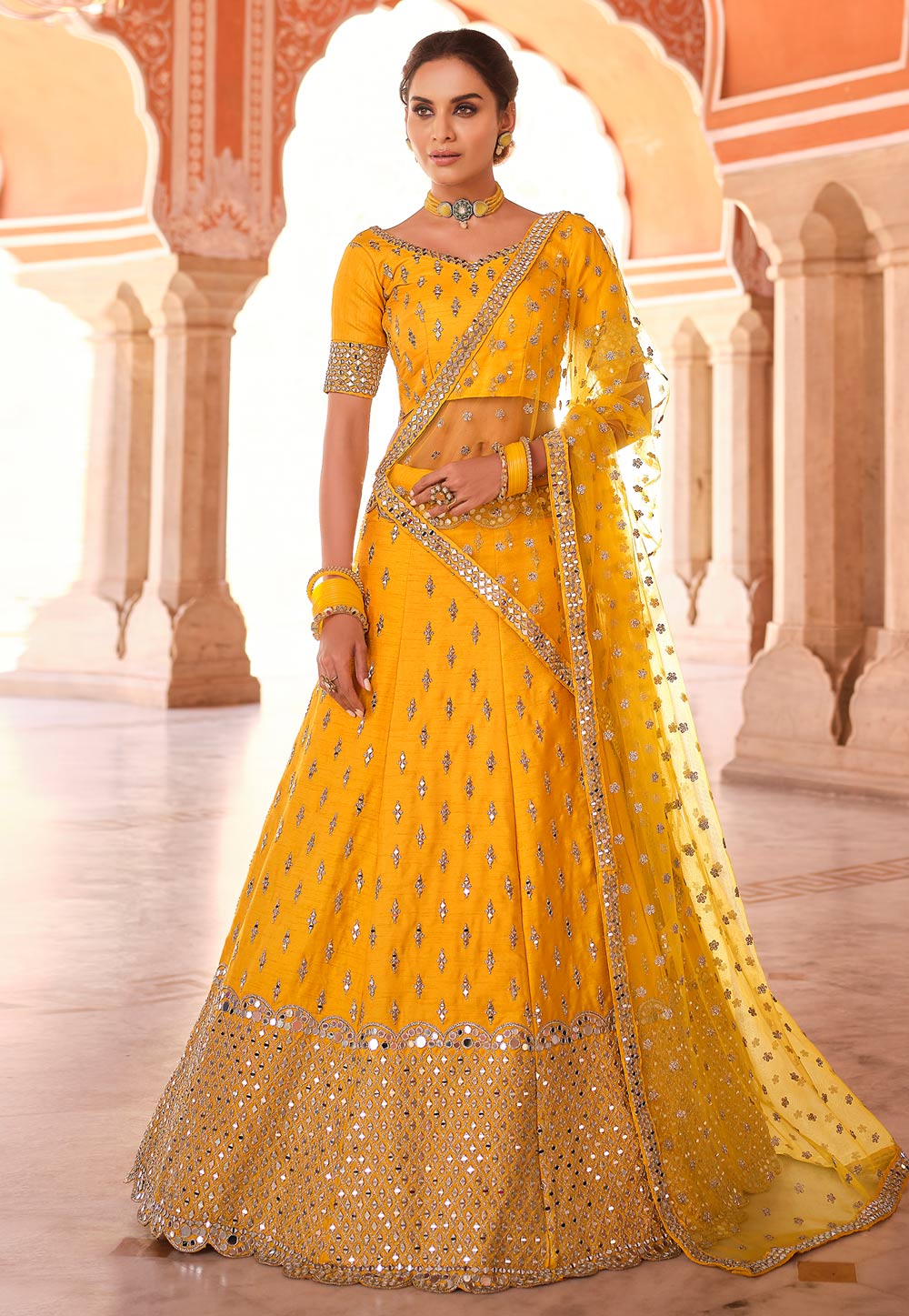 Buy Navratri Wear Yellow Thread Work Rayon Ready To Wear Lehenga Choli  Online From Surat Wholesale Shop.