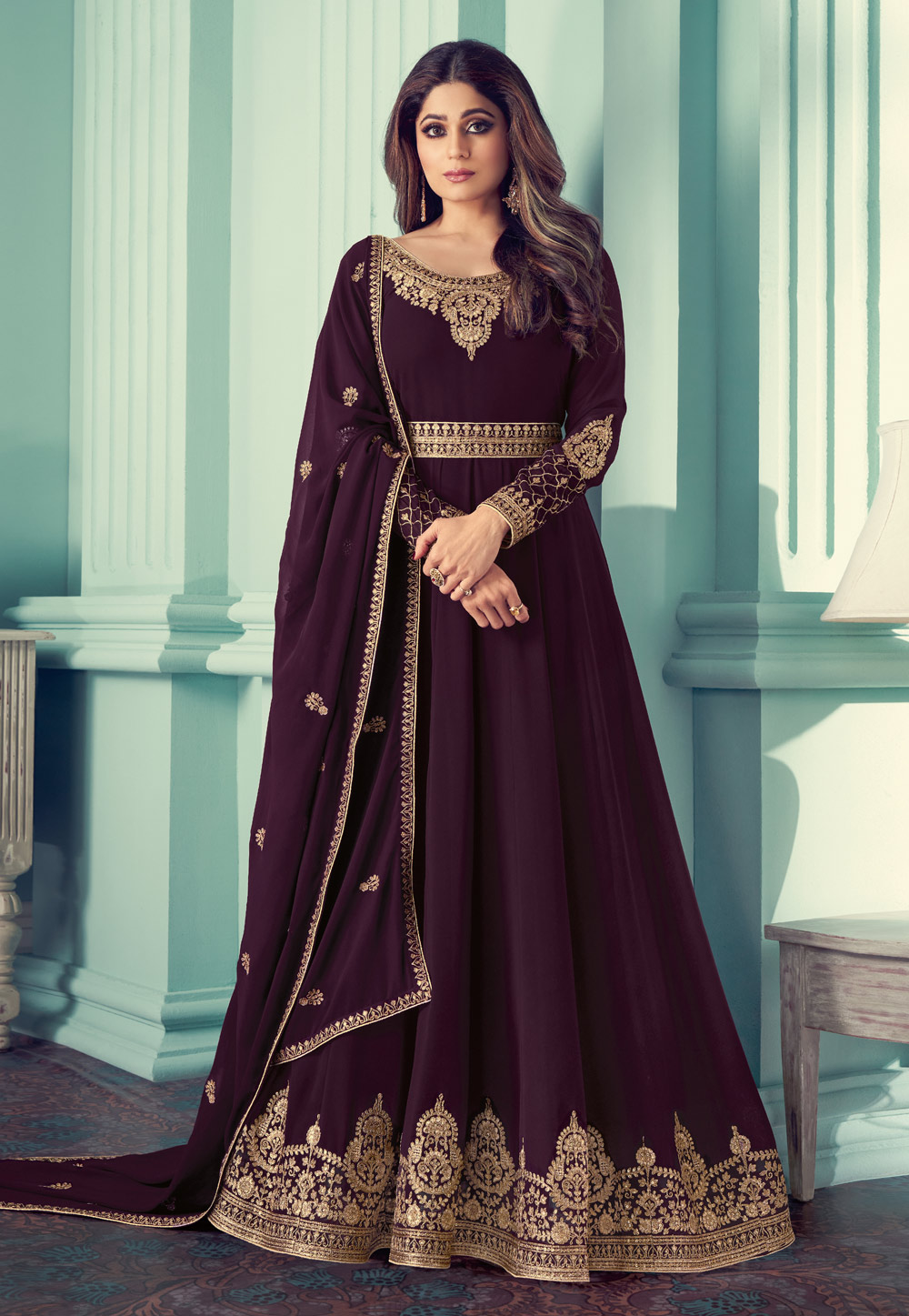 Shamita Shetty Purple Georgette Bollywood Anarkali Suit 231835