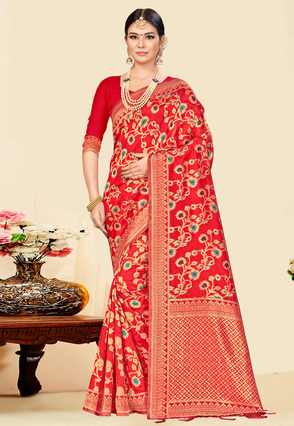 Red Banarasi Silk Festival Wear Saree 220509