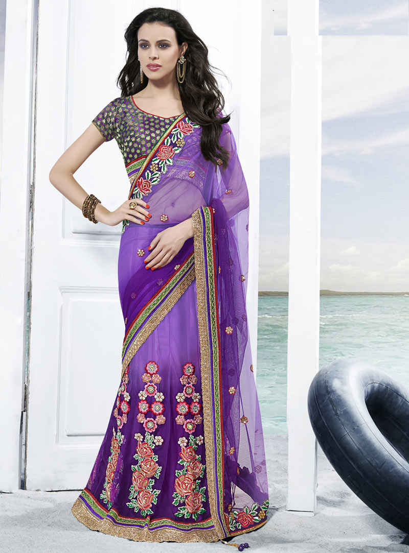 Purple Net Wedding Lehenga Saree 48517