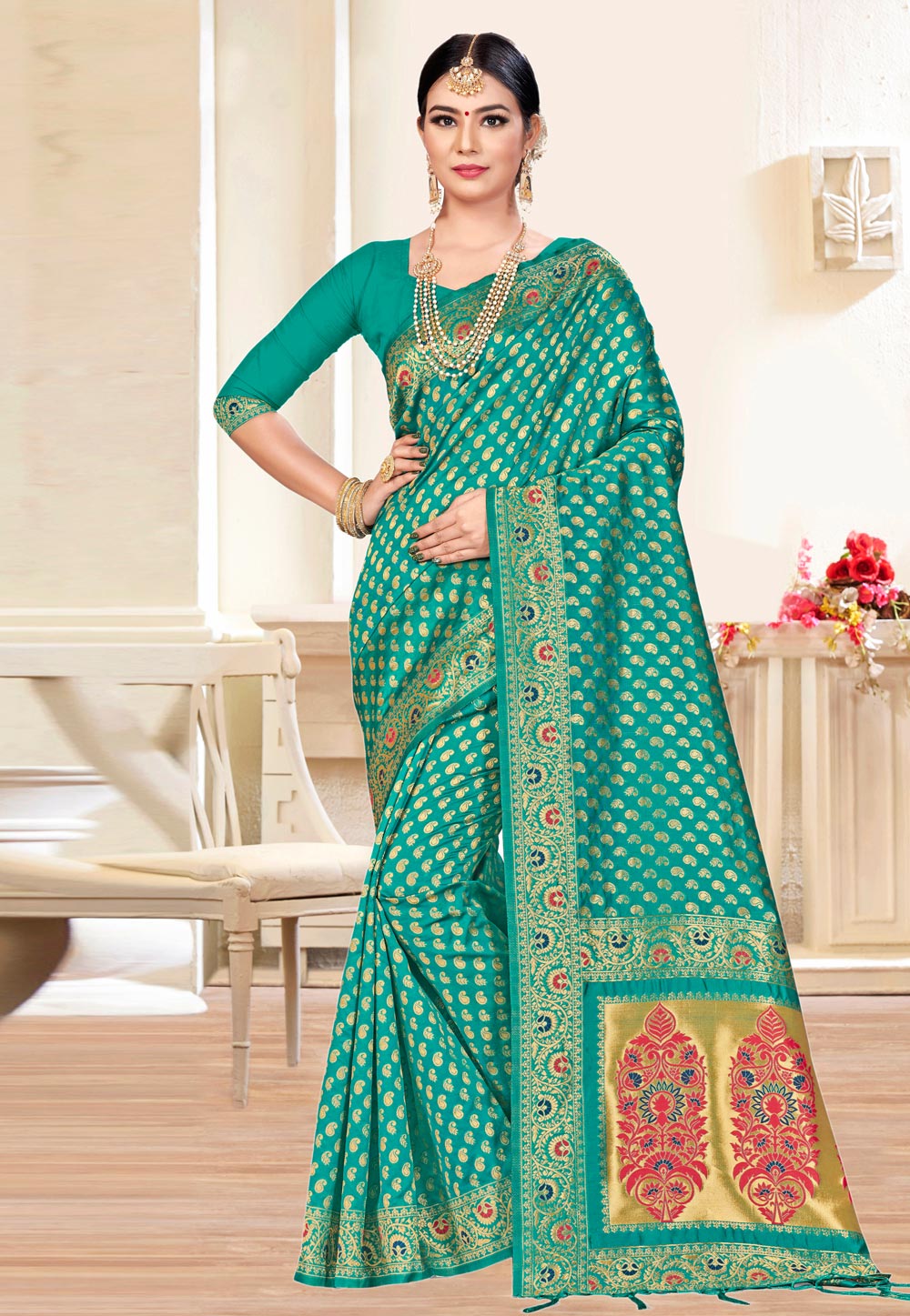Turquoise Banarasi Silk Saree With Blouse 220513
