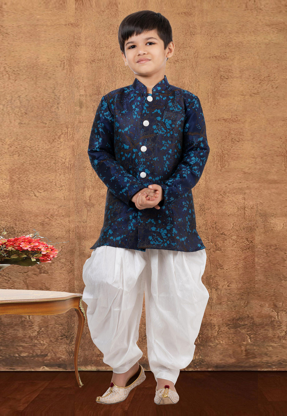 Navy Blue Jacquard Silk Kids Indo Western Suit 265227