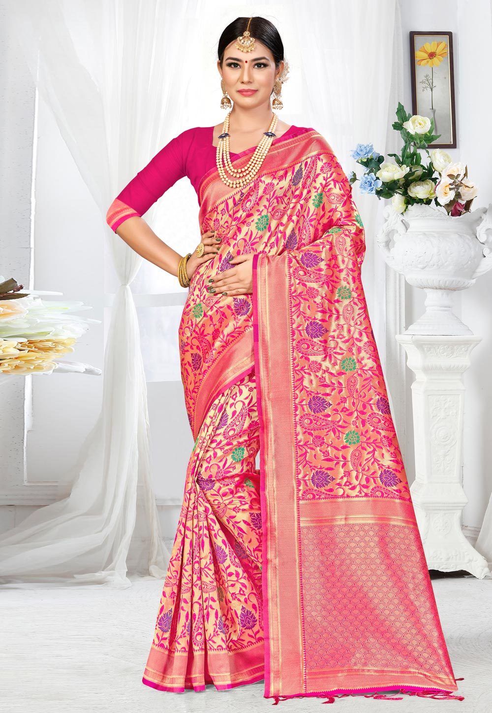 Pink Banarasi Silk Saree With Blouse 220516