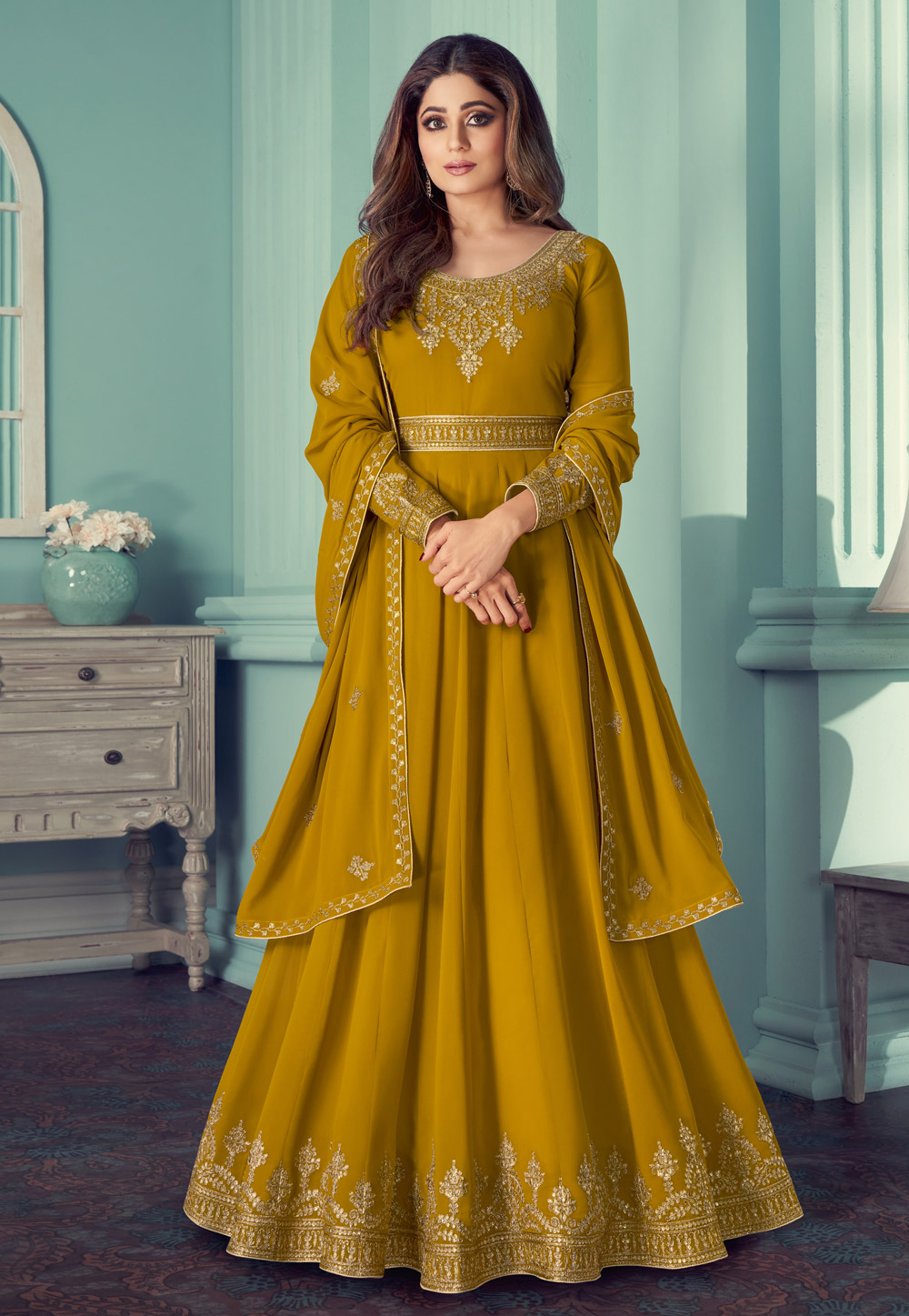 Shamita Shetty Mustard Georgette Abaya Style Anarkali Suit 231838