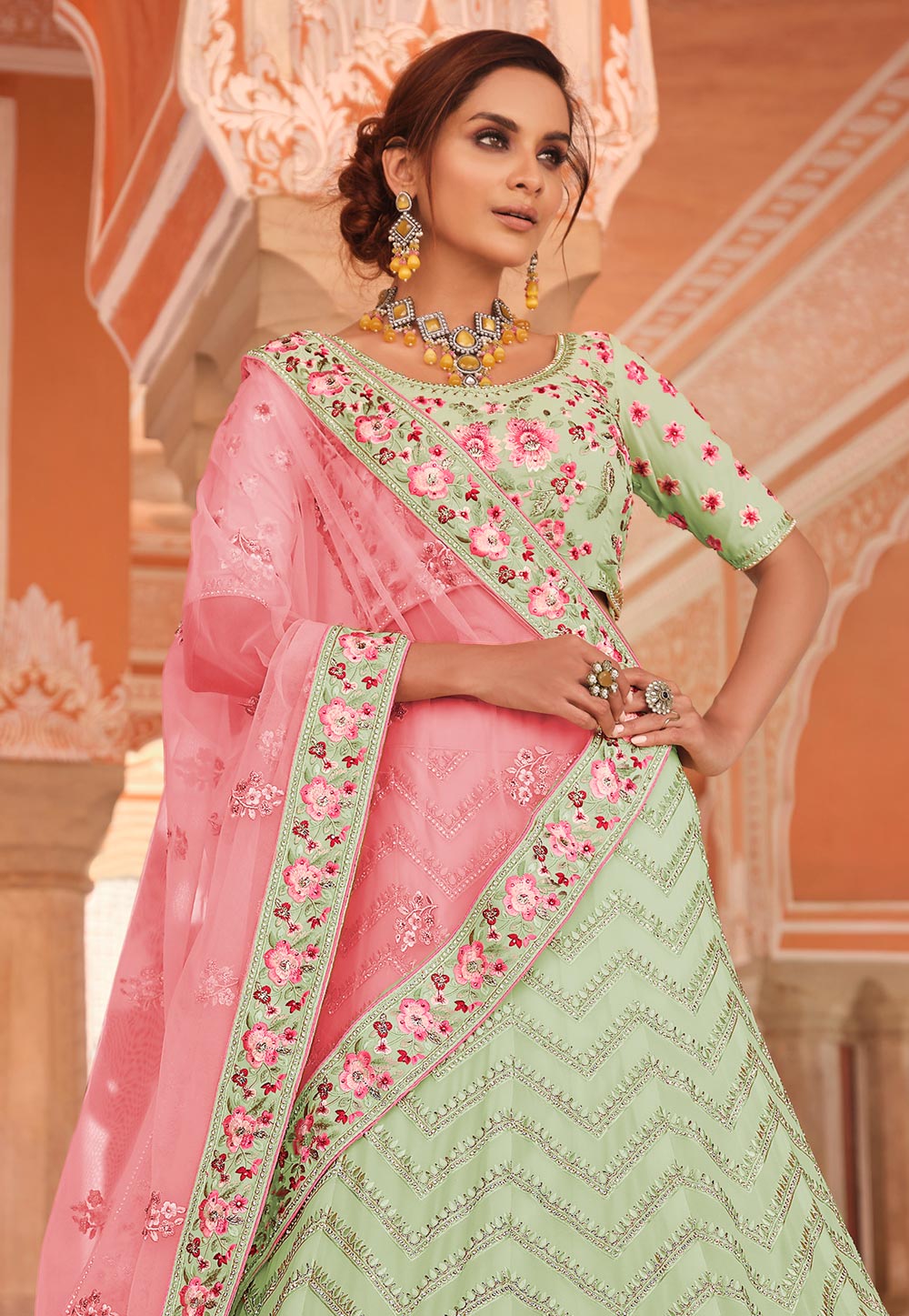 Pastel Pink & Pista Green Embroidered Lehenga Set | Mrunalini Rao – KYNAH