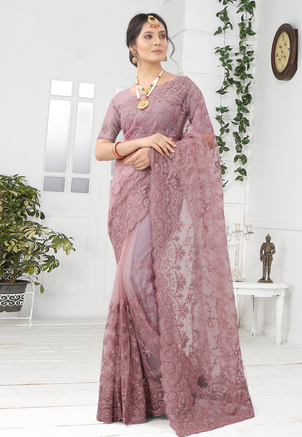 Pink Net Saree With Blouse 227230