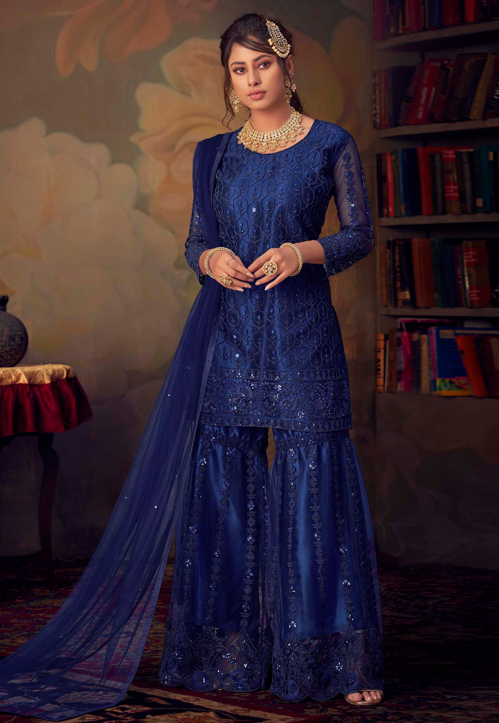Blue Net Embroidered Sharara Suit 212210