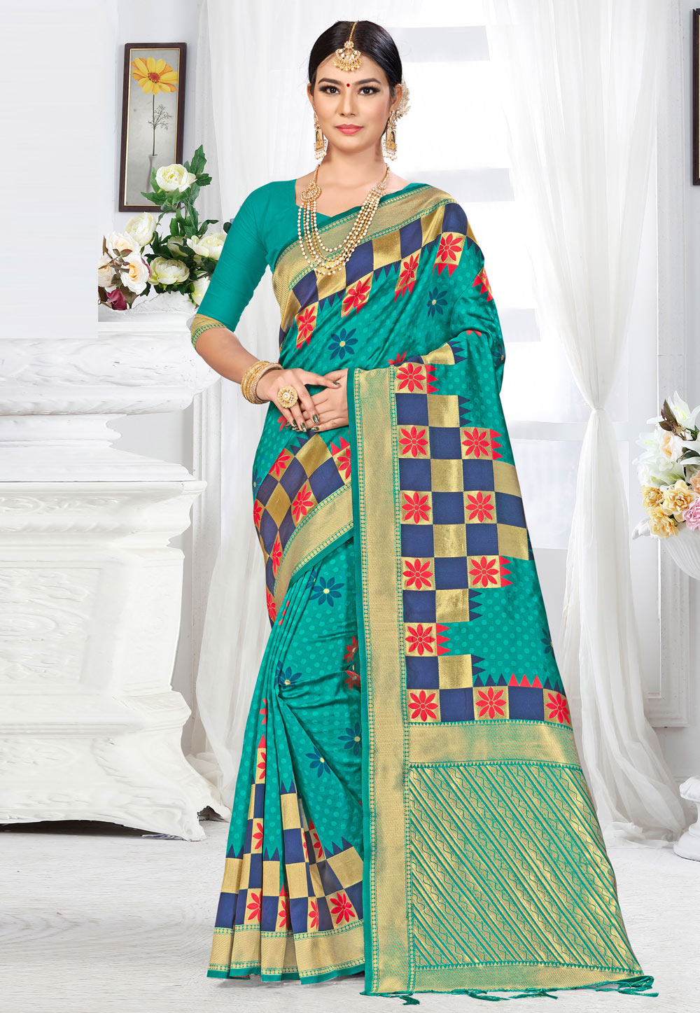 Turquoise Banarasi Silk Festival Wear Saree 220524