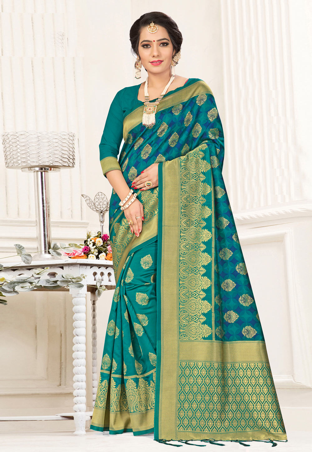 Teal Banarasi Silk Saree With Blouse 220124