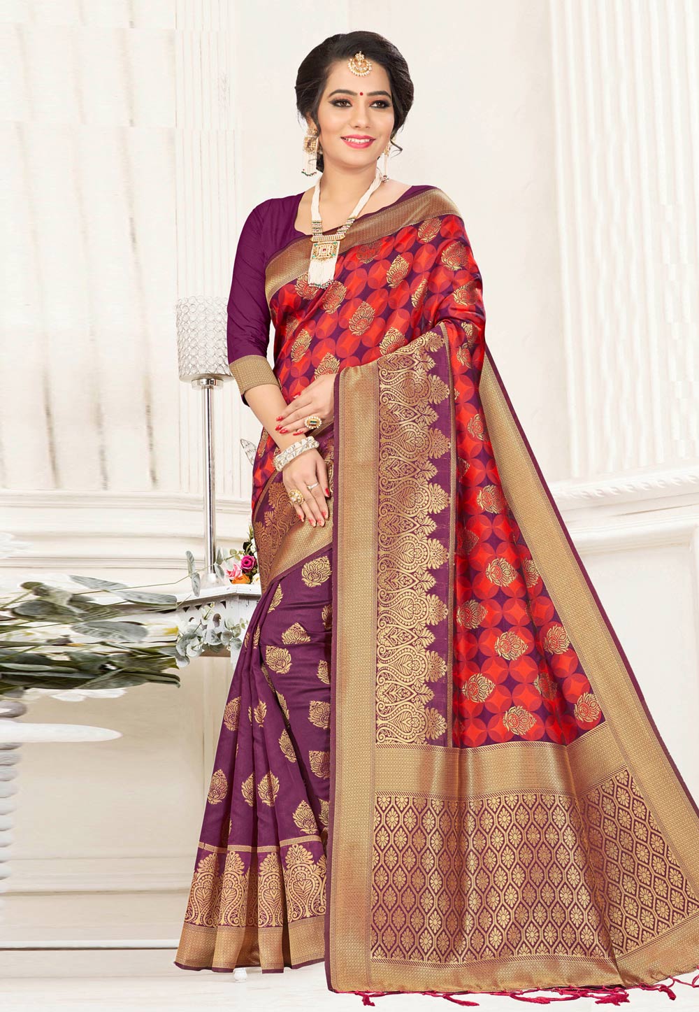 Purple Banarasi Silk Half and Half Saree 220125