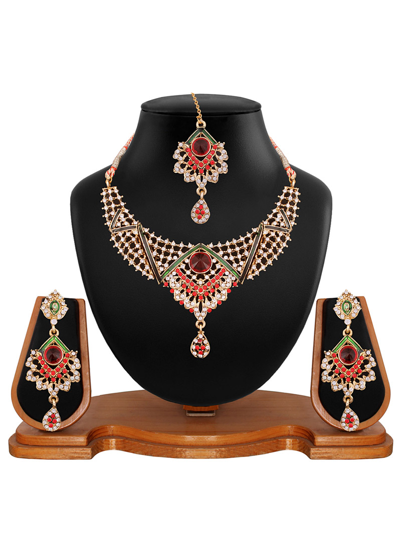 Maroon Alloy Austrian Diamonds Necklace With Earrings and Maang Tikka 56933