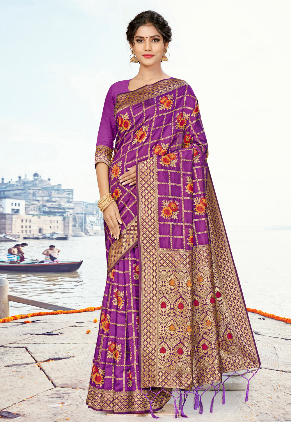Violet Banarasi Silk Saree With Blouse 220534