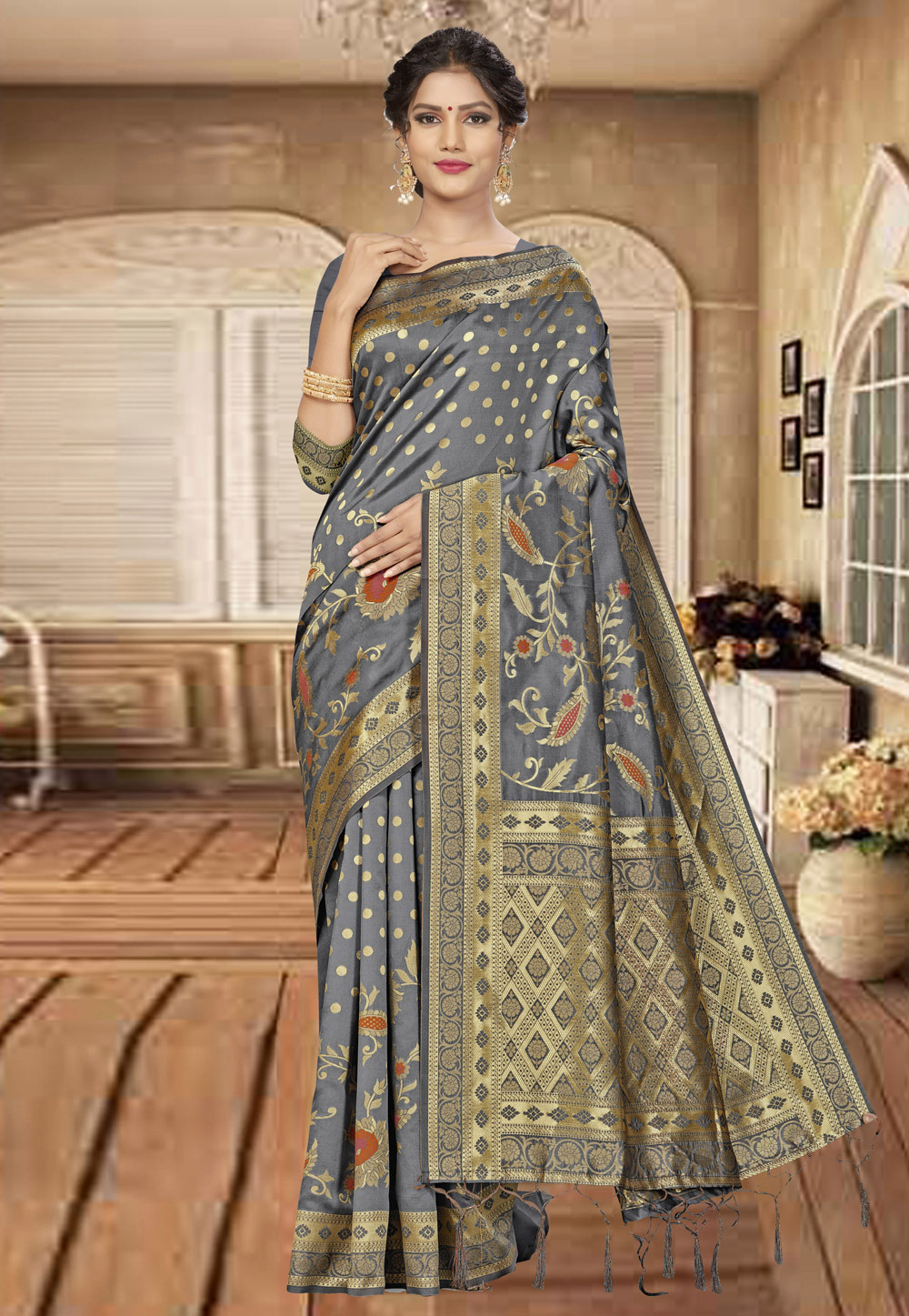 Grey Banarasi Silk Festival Wear Saree 220536