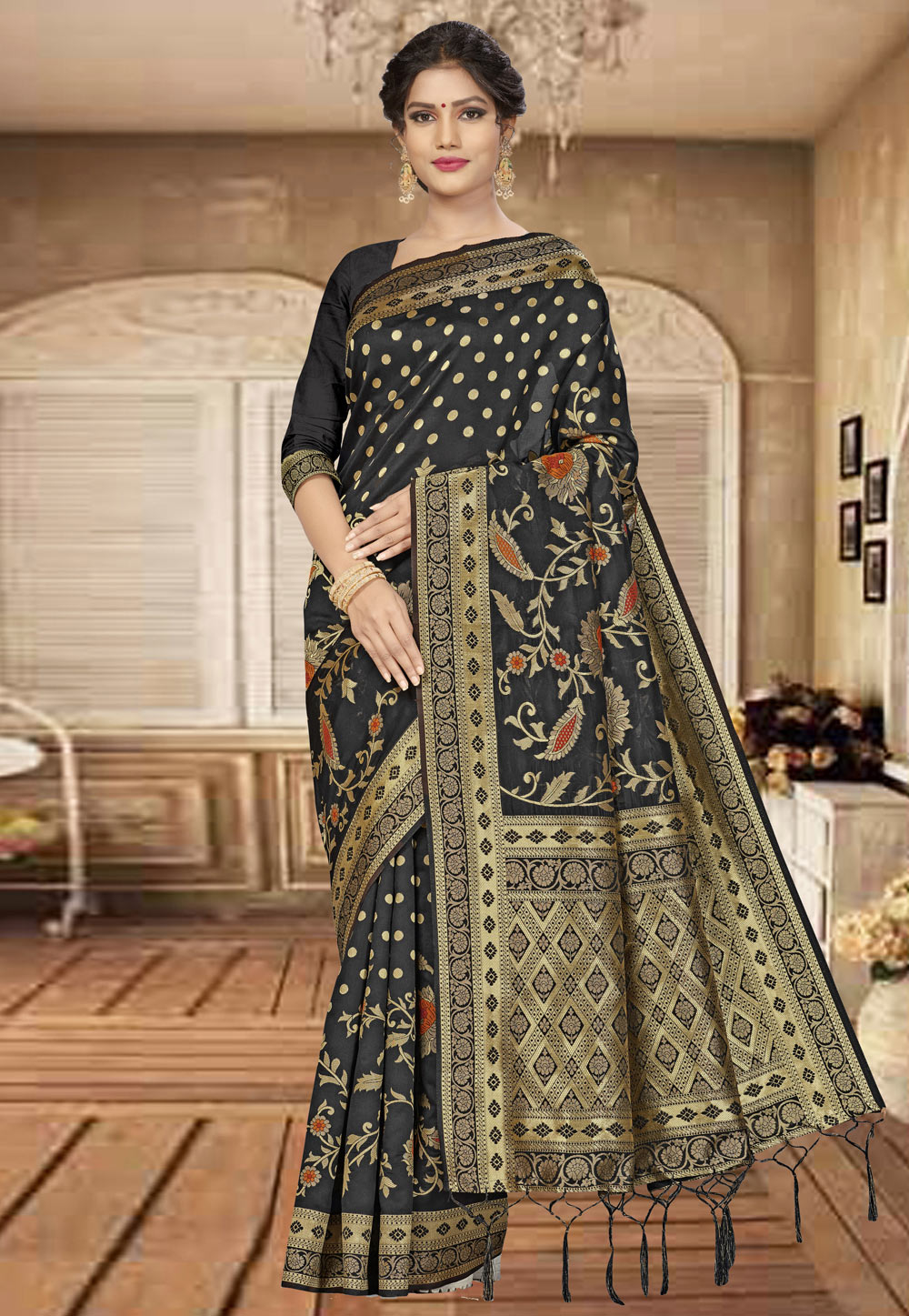 Black Banarasi Silk Saree With Blouse 220538