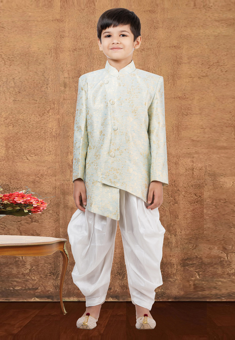 Off White Jacquard Silk Kids Indo Western Suit 265228