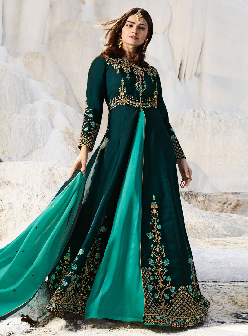 Prachi Desai Teal Silk Floor Length Anarkali Suit 148953