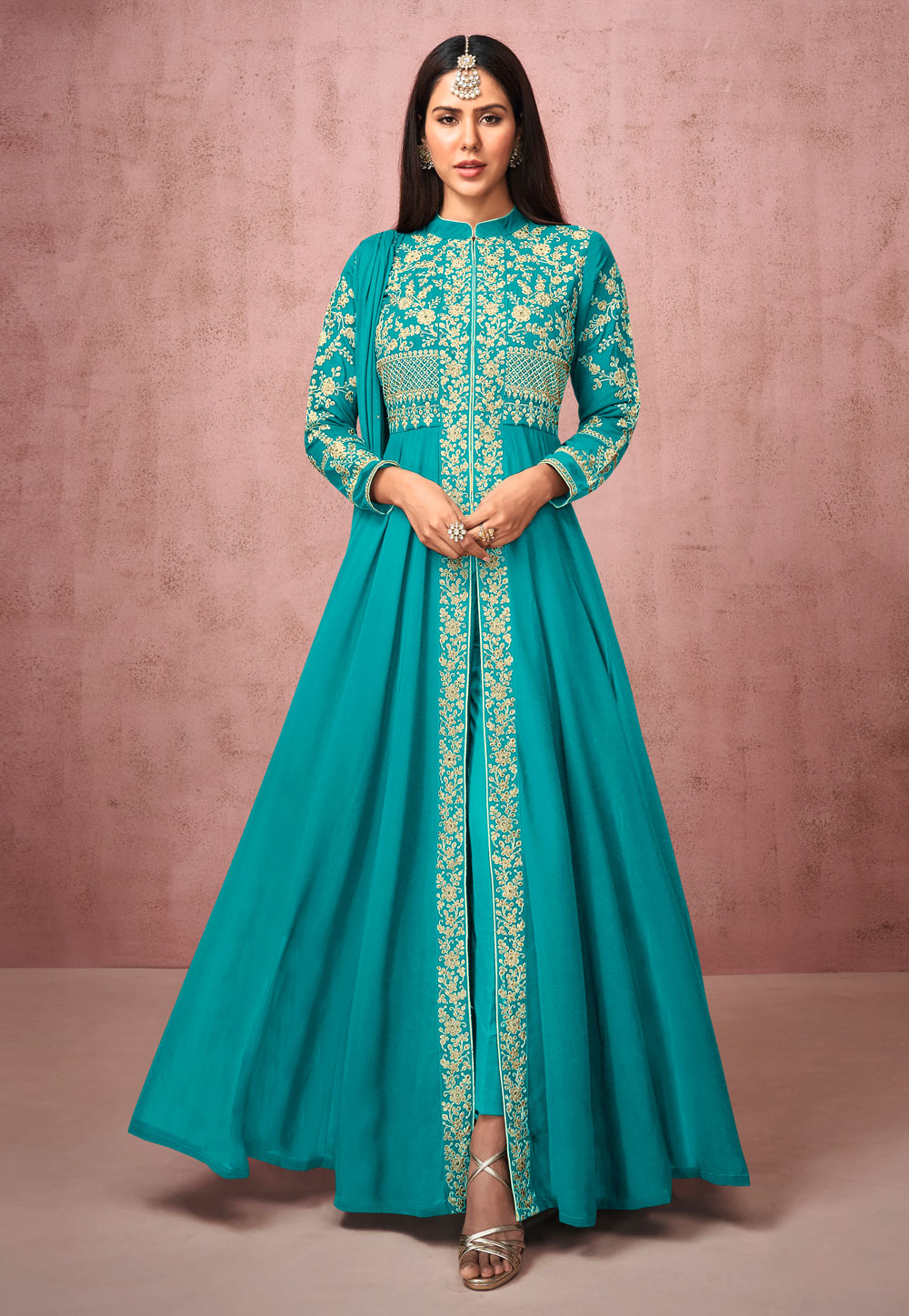 Turquoise Georgette Embroidered Pant Style Suit 234378