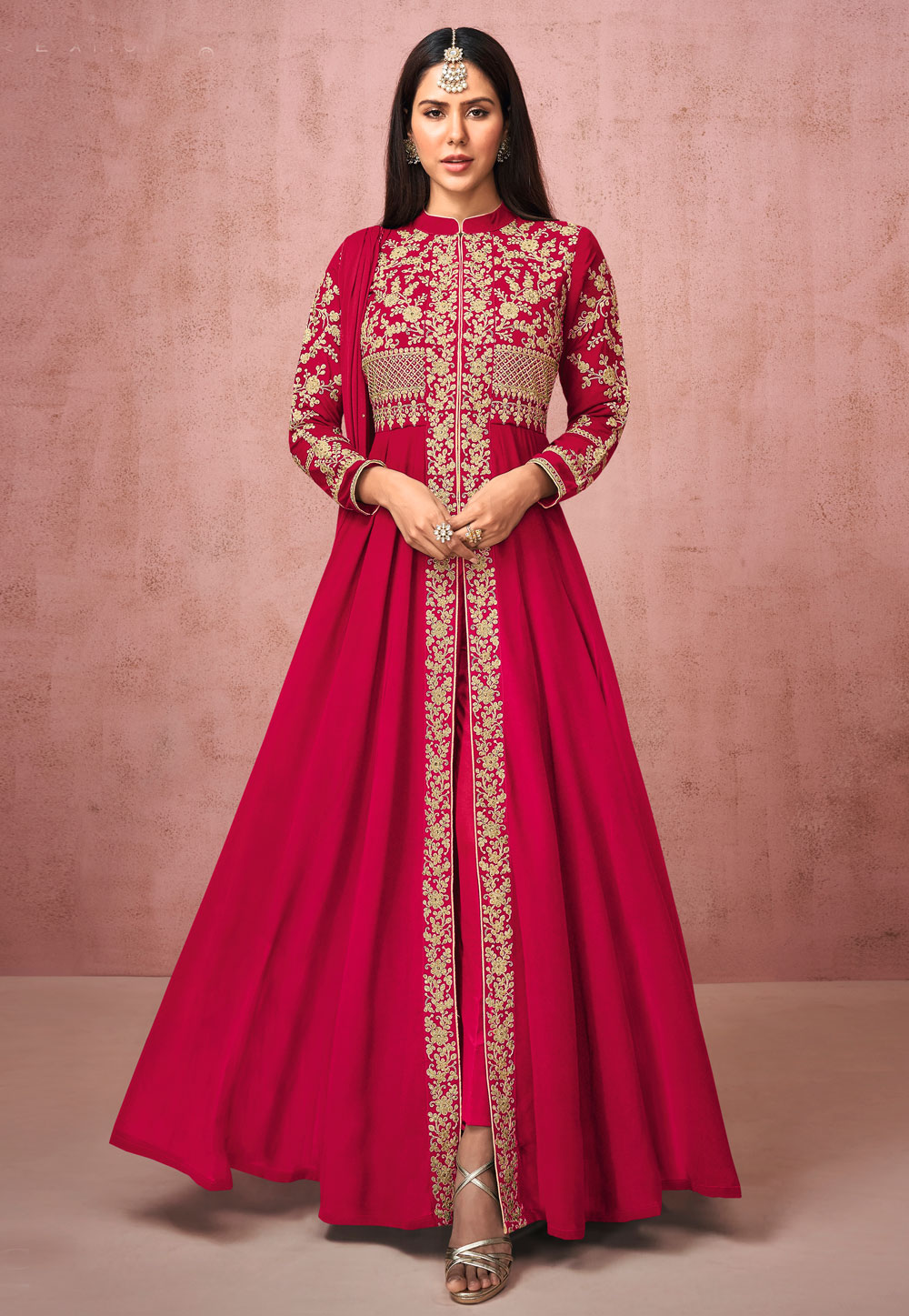 Magenta Georgette Embroidered Pant Style Suit 234380