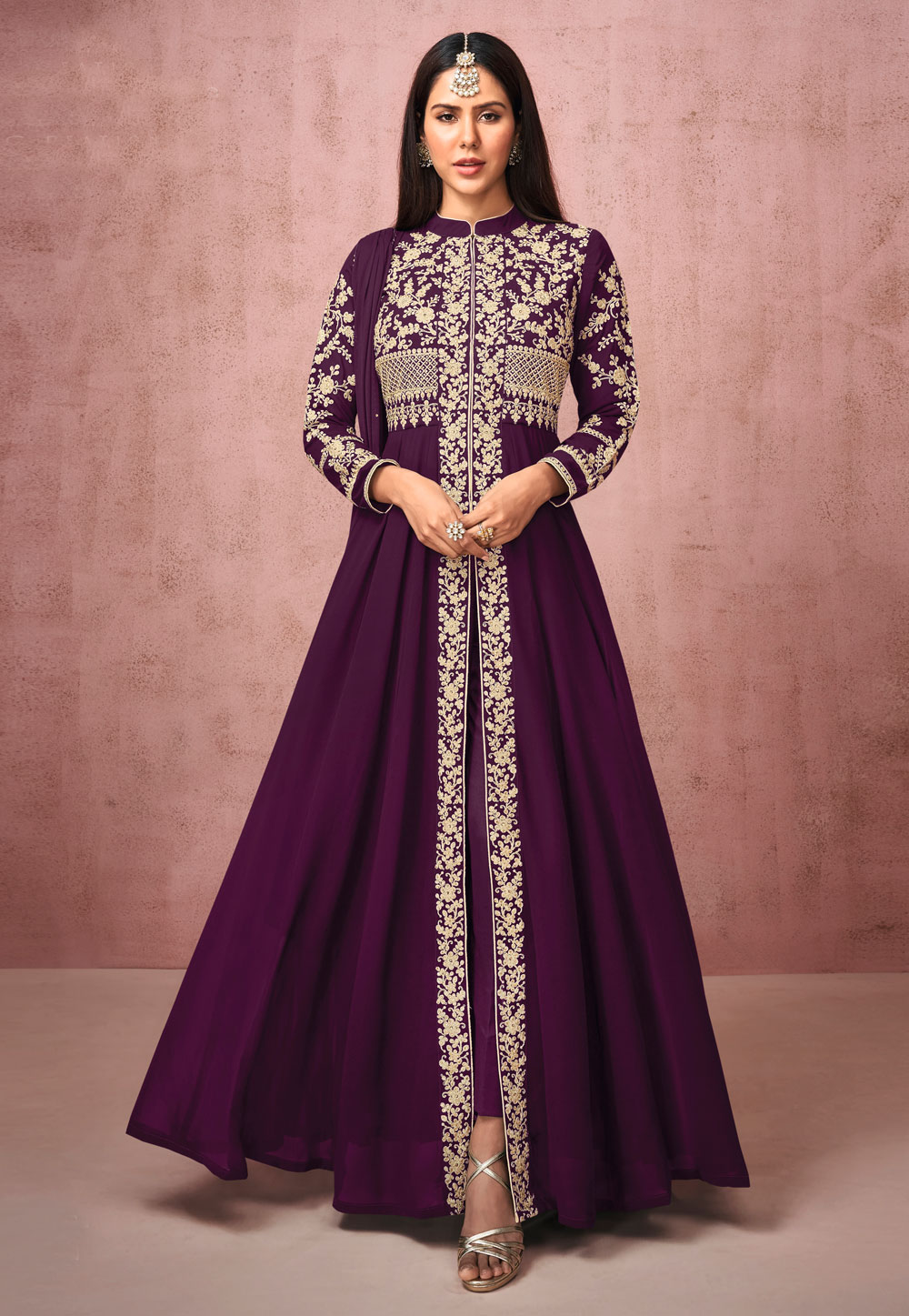 Purple Georgette Embroidered Center Slit Anarkali Suit 234382