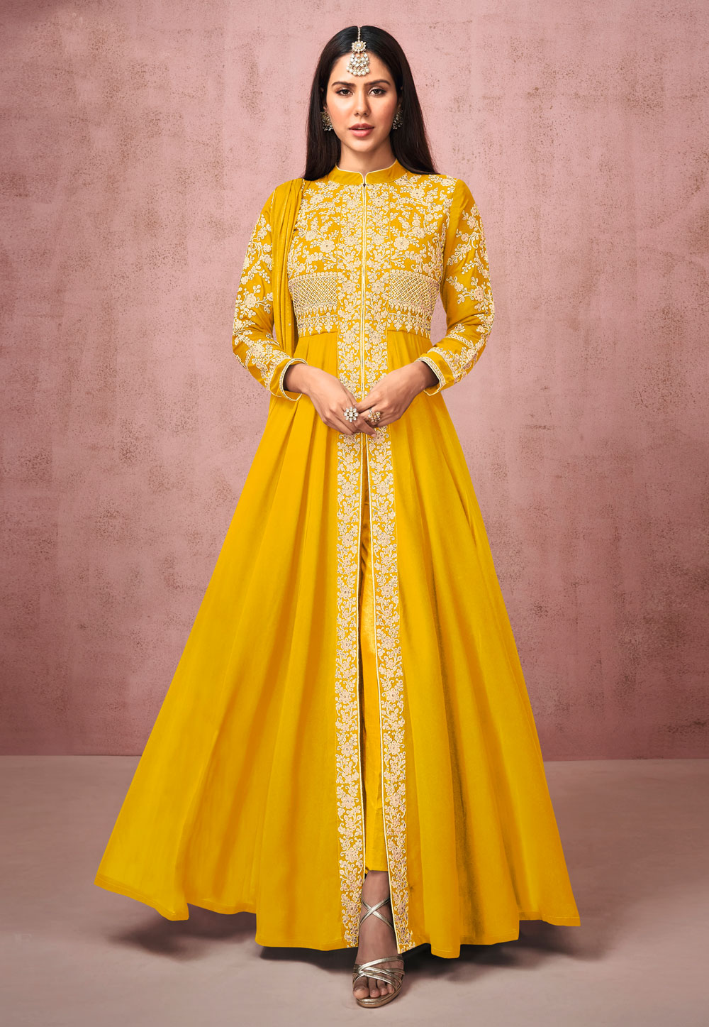 Yellow Georgette Embroidered Pant Style Suit 234383