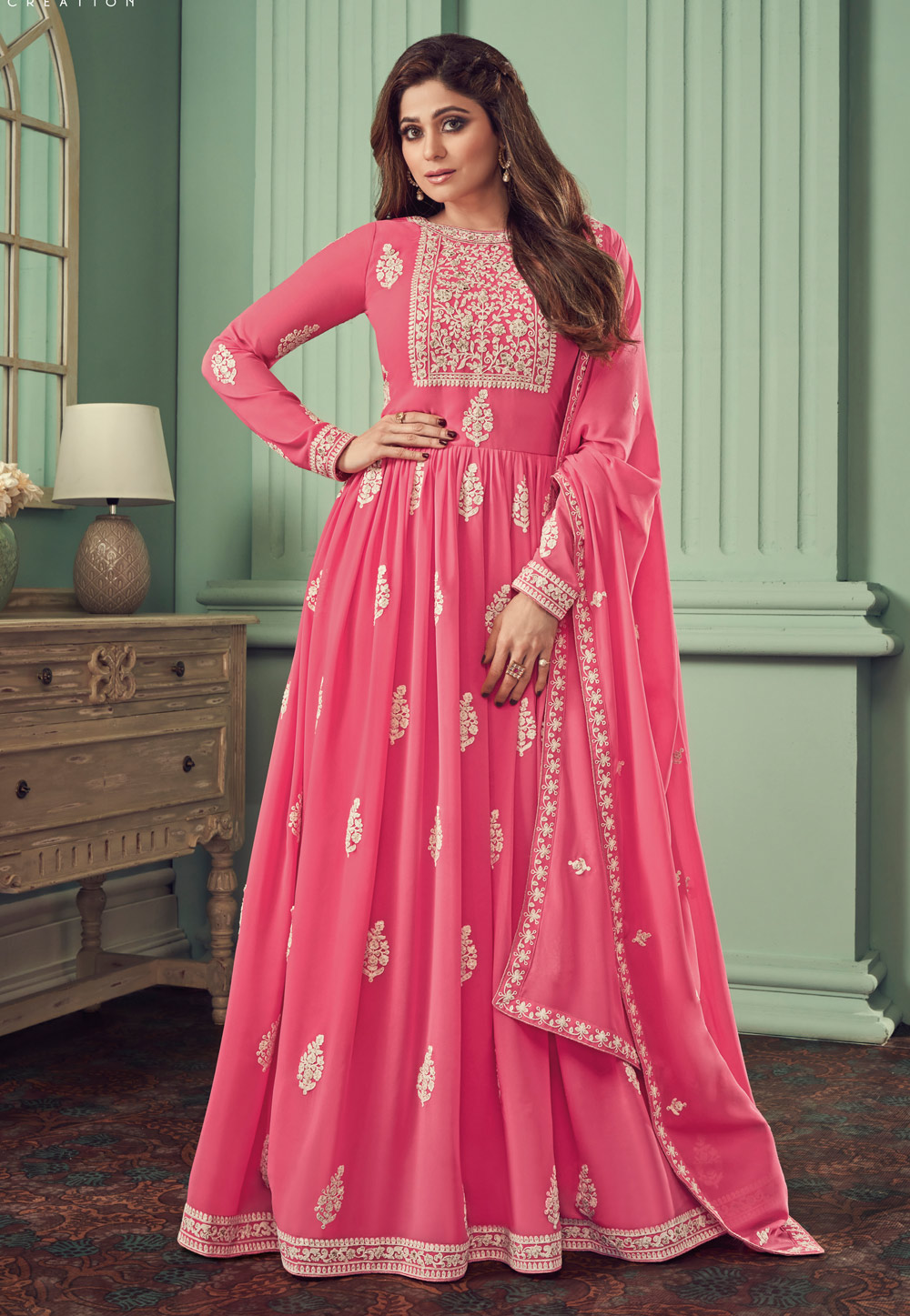 Shamita Shetty Pink Georgette Long Anarkali Suit 233566